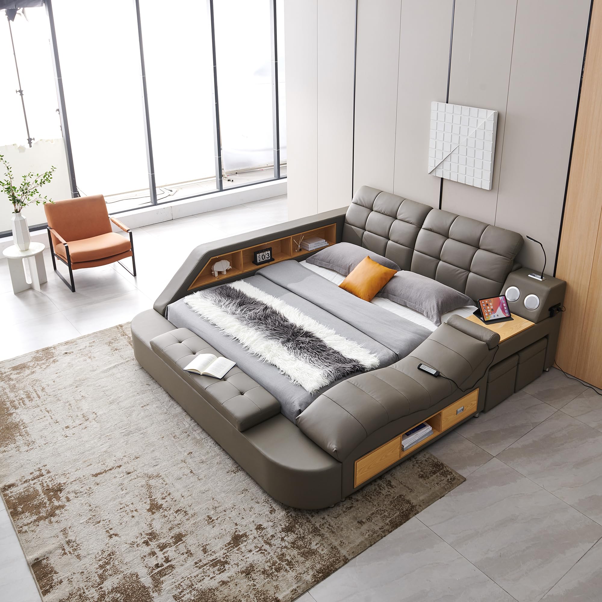 Multifunctional Queen Bed Frame, Modern Luxury Smart Bed with Massage Recliner on Right/Music Speaker/USB Port/Storage Drawers, Adjustable Leather Upholstered Headboard, Grey