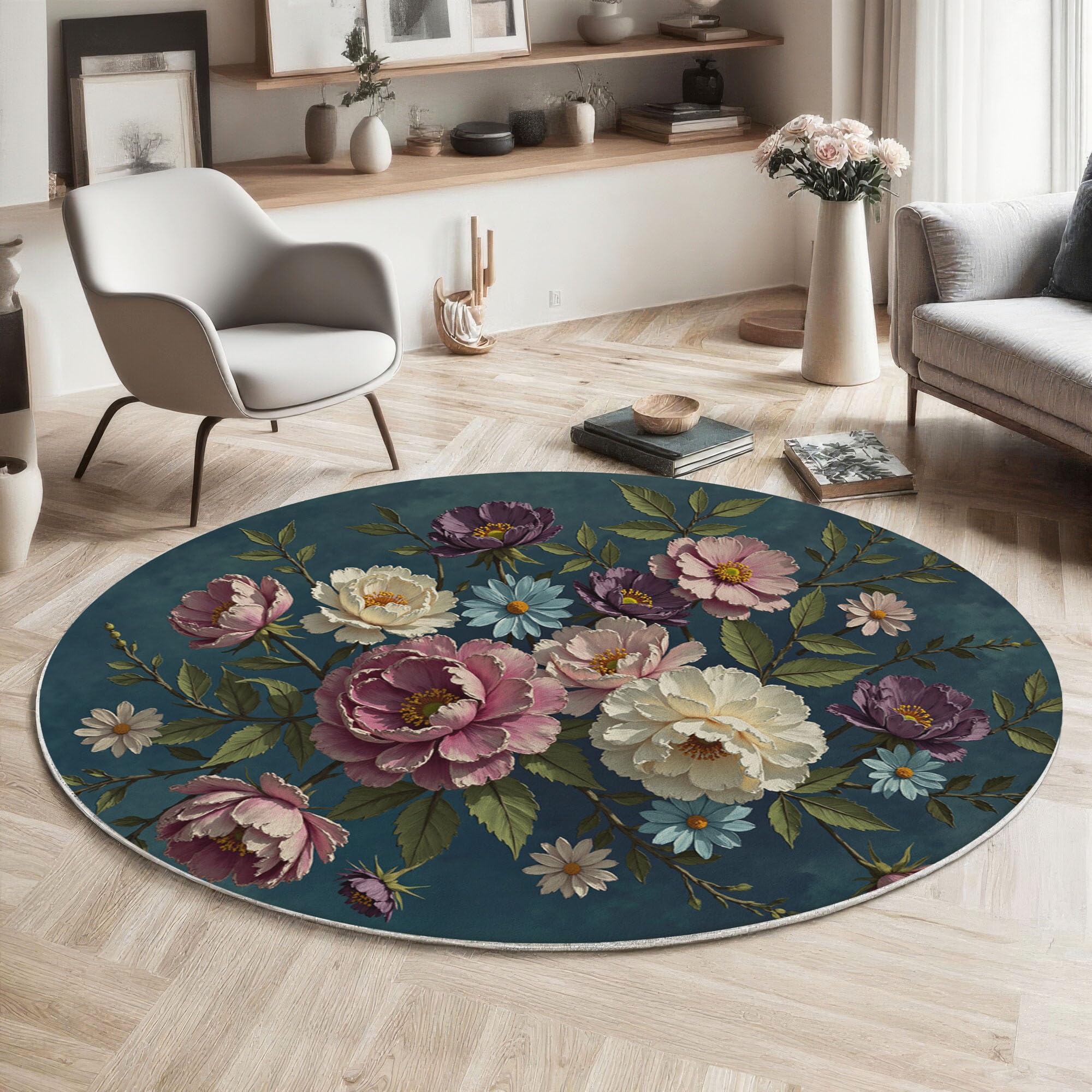 Tapis rond pivoines rococo moquette lavable poils courts salon
