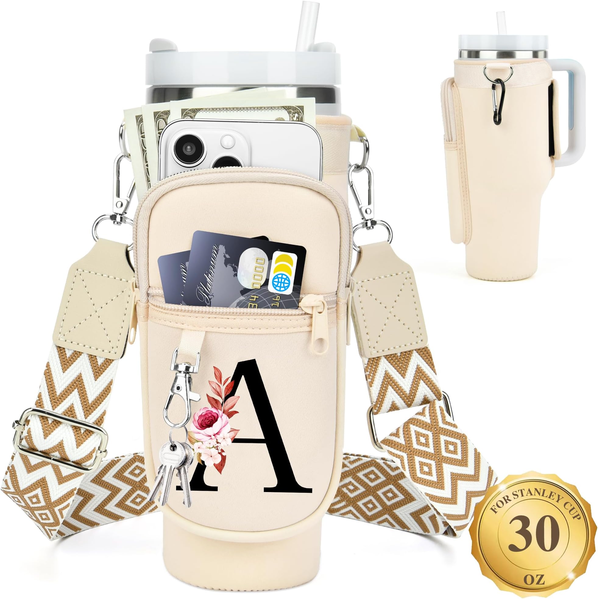 LOKASS Personalized for Stanley Cup Accessories 30oz, Initial Stanley Cup Holder with Strap, Cup Carrier Bag Water Bottle Holder with Phone Pocket Gifts for Women, Girls, Mom Travel, Walking,Work