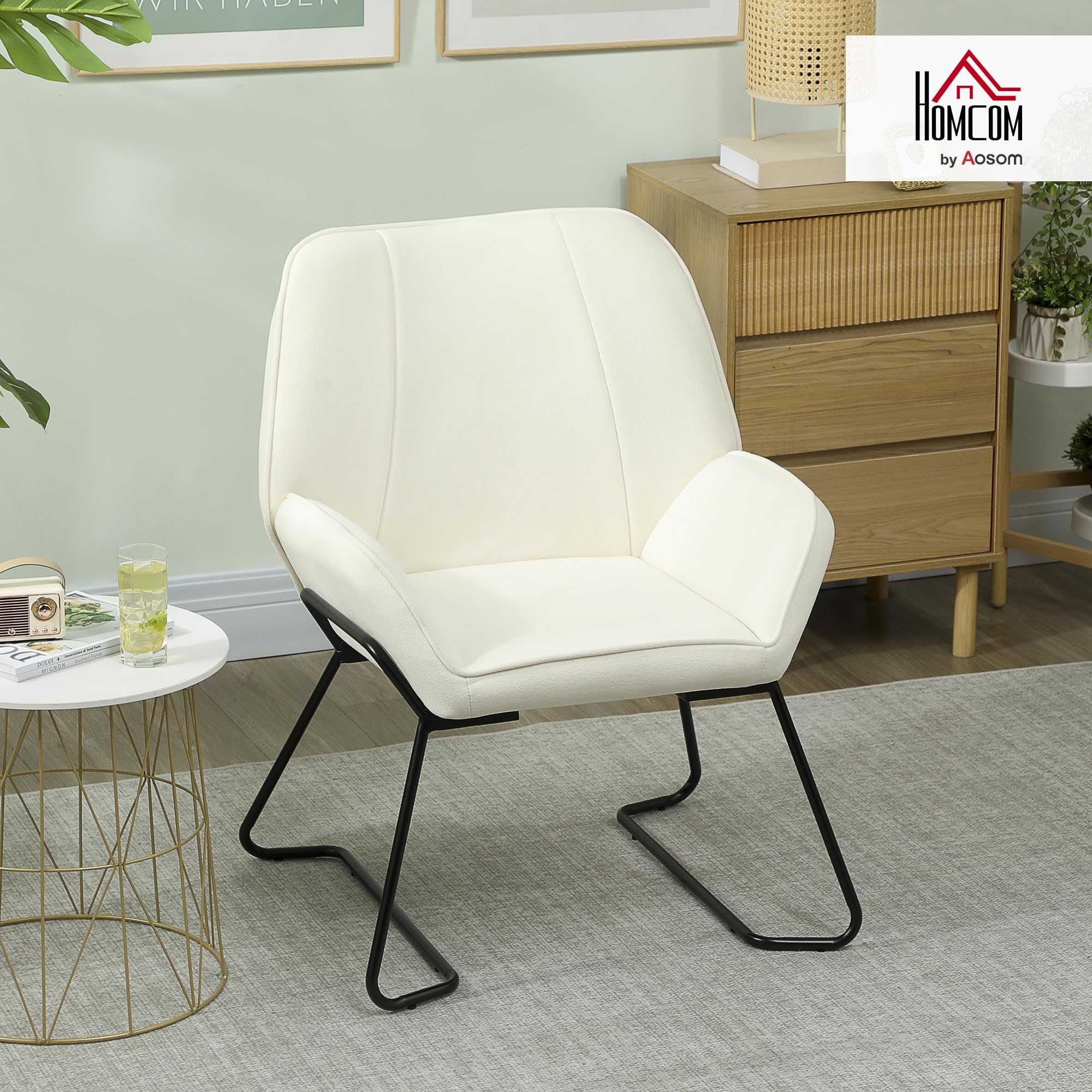 HOMCOM Butaca de Salón Moderna Sillón Lectura con Asiento Ancho de 46 cm y Acolchado Tapizado en Terciopelo Patas de Metal Silla Tocador para Salón Sala de Estar Dormitorio Crema