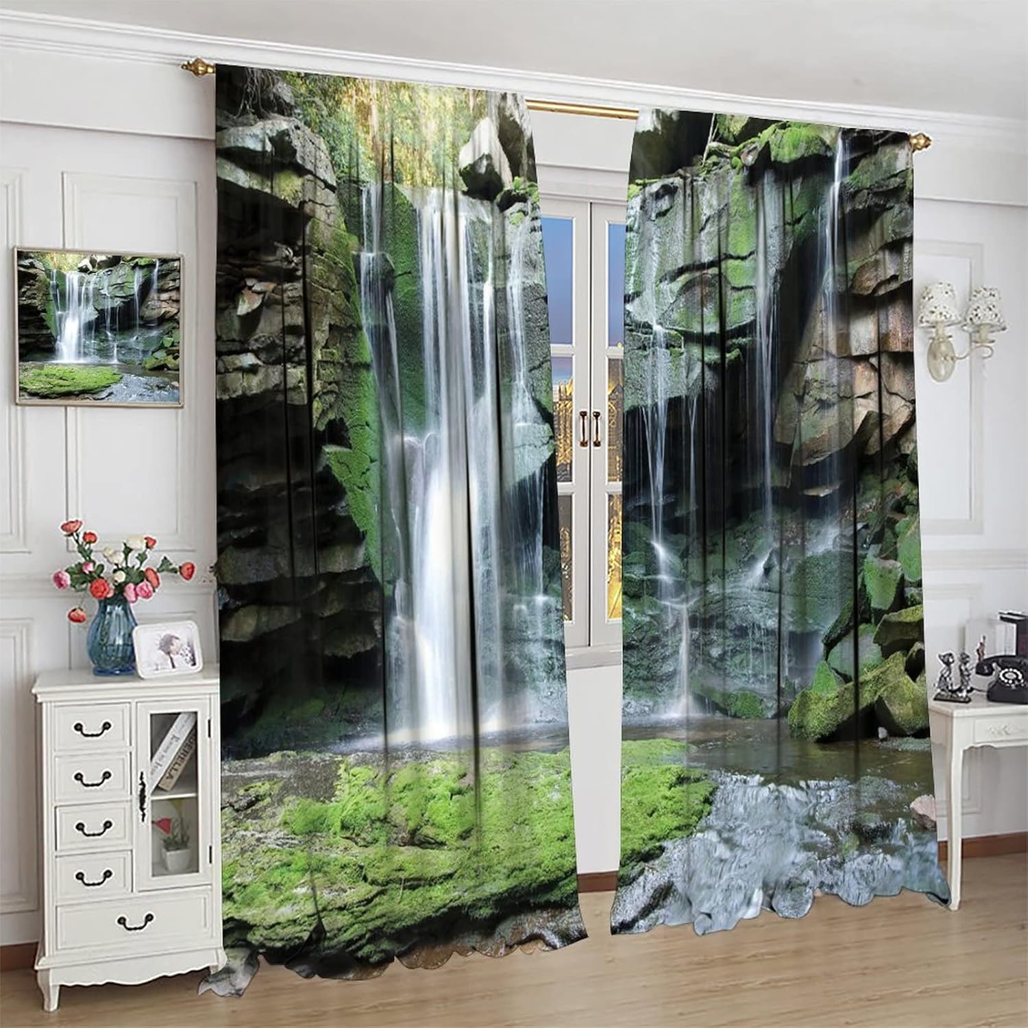 Forest Waterfall Blackout Windows Curtains, Rocky Waterfall to Pond Running Off Scenic Nature Themed Picture Print Curtains, for Living Room Bedroom 42x63in 2 Panels