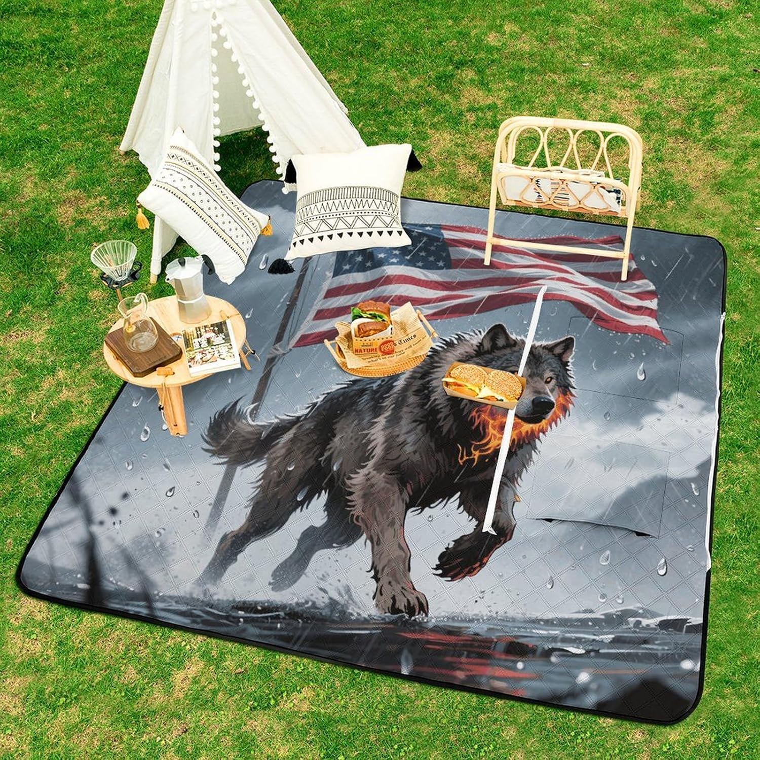 Wolf Print Picnic Blanket 150x150cm, Foldable 2-in-1 Picnic Mat and Tote Bag Portable Waterproof Beach Mat Sandproof Outdoor Blanket for Park, Hiking, Beach, Camping, Travel