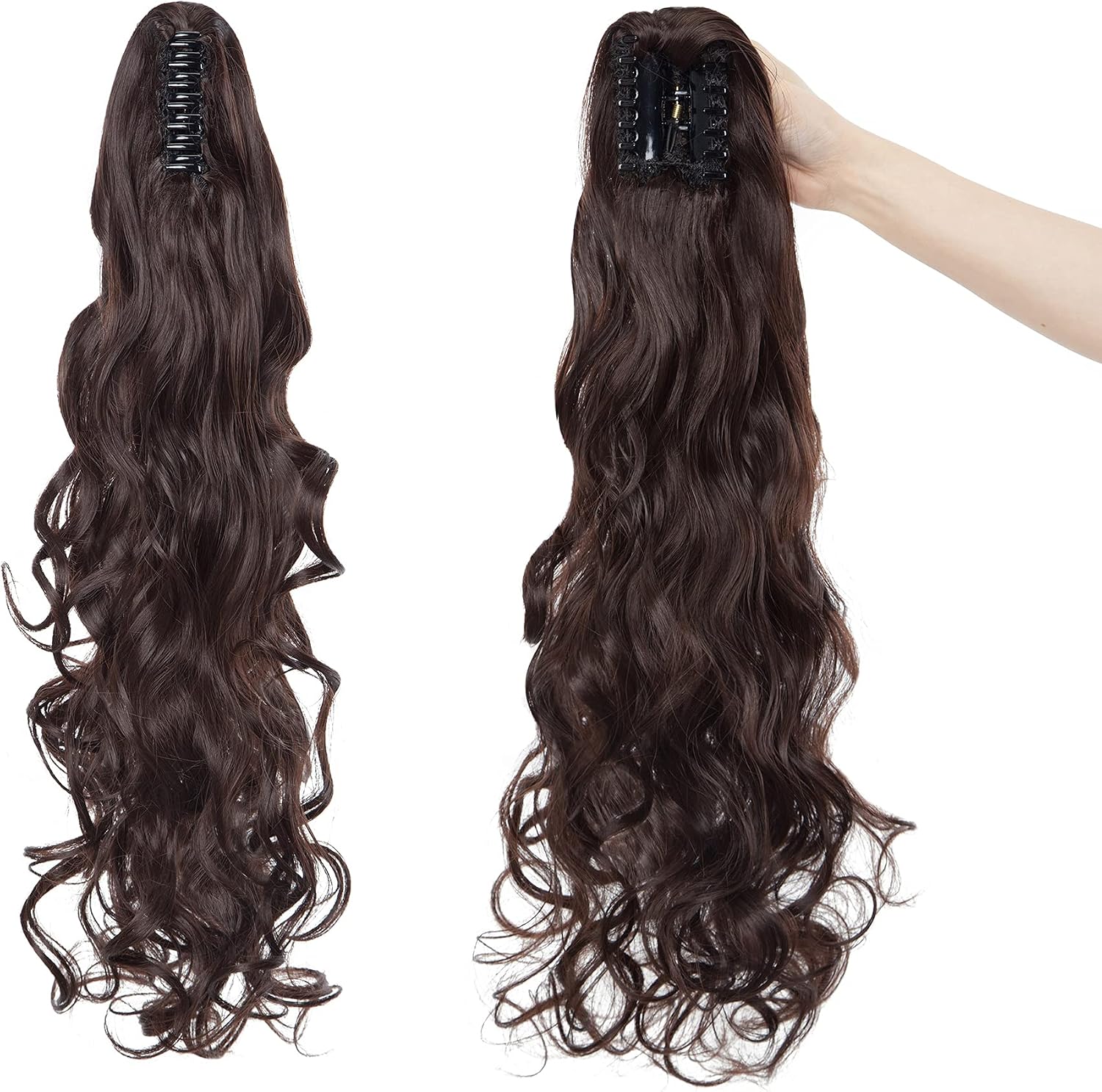 24" Long Ponytail Extension Long Curly Clip in Claw Hair Extension Real Natural Looking Ombre Synthetic Hairpiece for Women Dark Brown - Image 3
