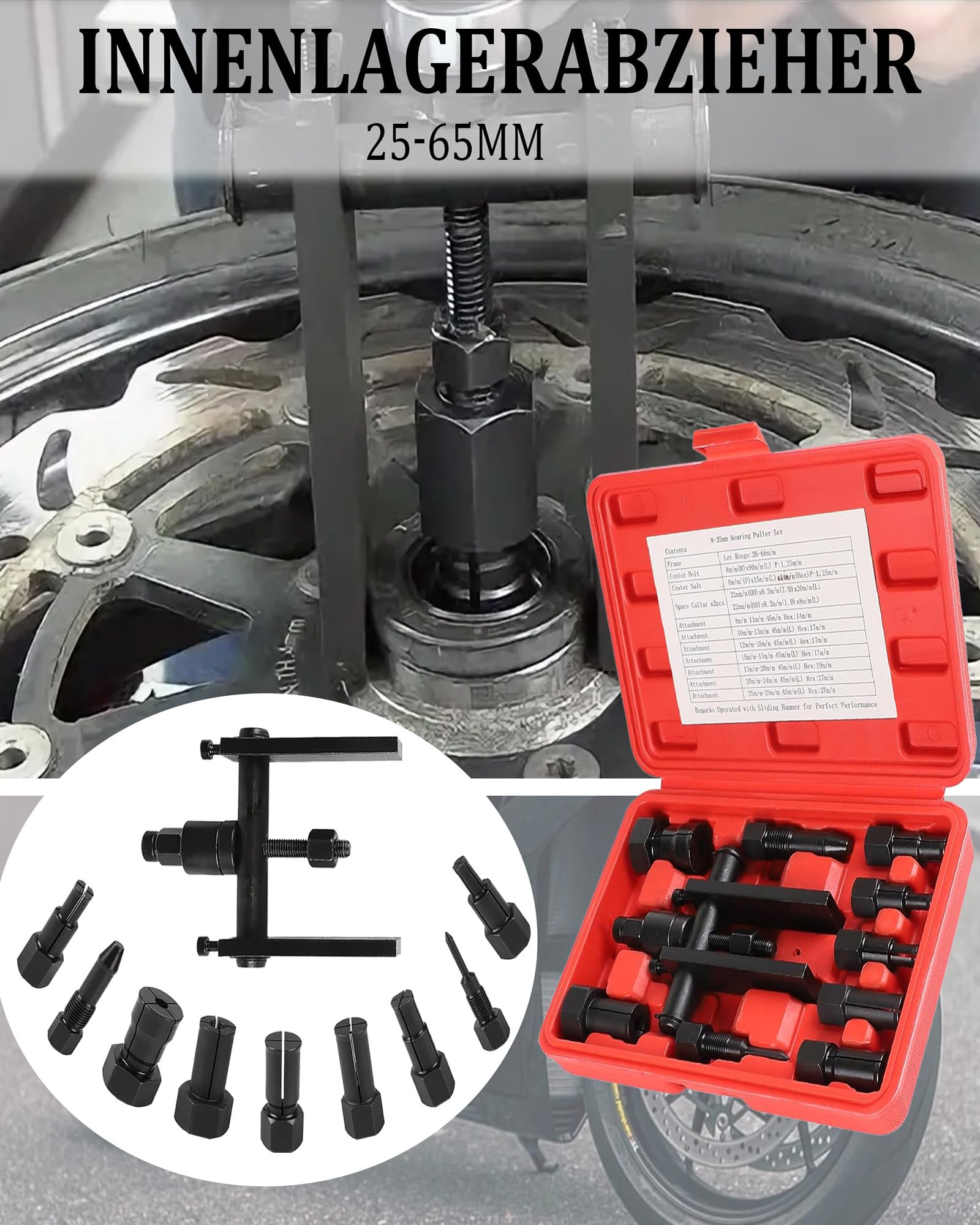 Set Estrattore Cuscinetti Interni 10 Pezzi: 8-25 mm Attrezzo Estrattore Cuscinetti Ruota Strumento di smontaggio del Cuscinetto Interno con Scatola per Cambio Auto Camion Moto