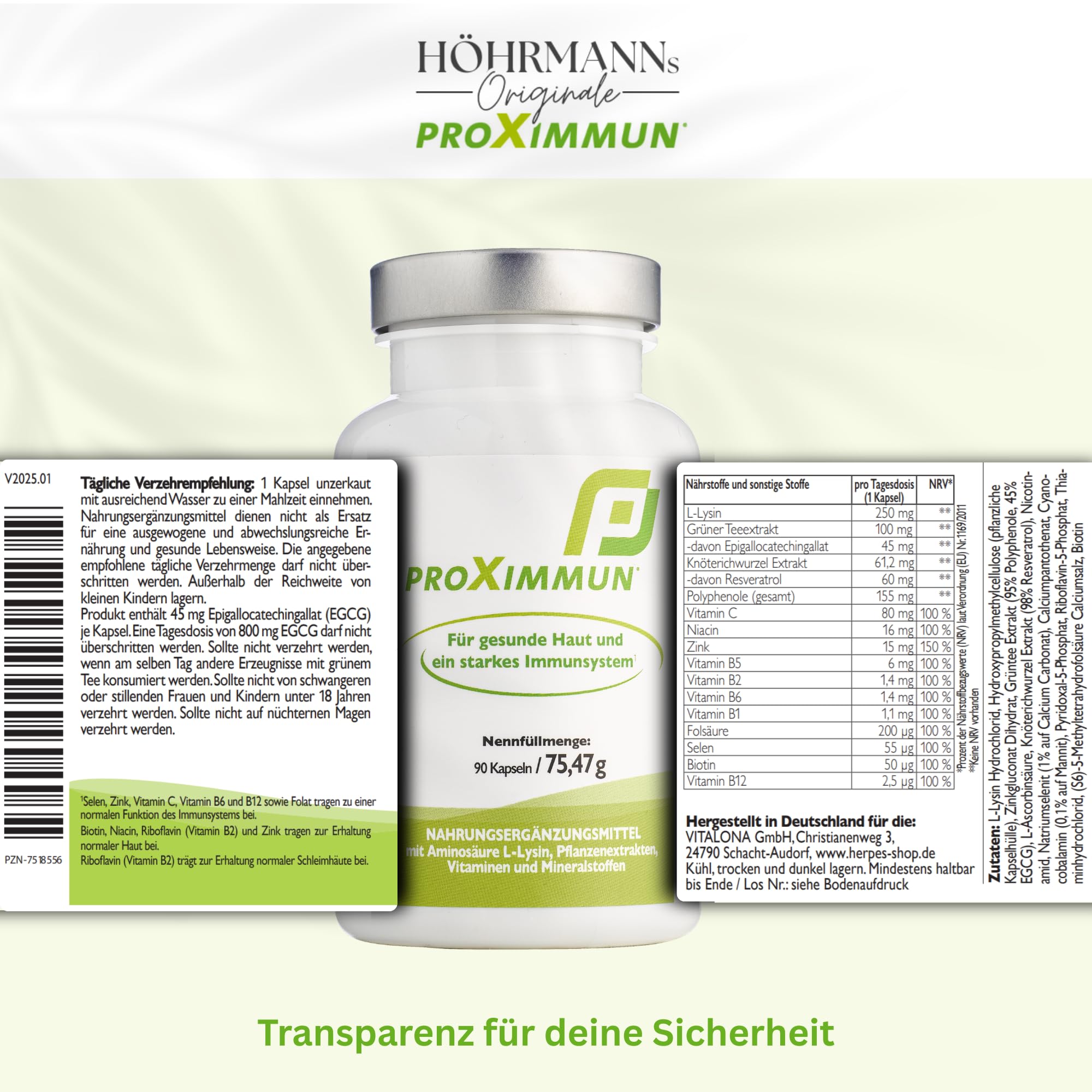 proXimmun L-Lysin Komplex – mit Zink, Selen, Vitamin C & B-Vitaminen, EGCG & Resveratrol – Nahrungsergänzungsmittel für gesunde Haut & starkes Immunsystem – 3 Monate Vorrat – hergestellt in Dtl.