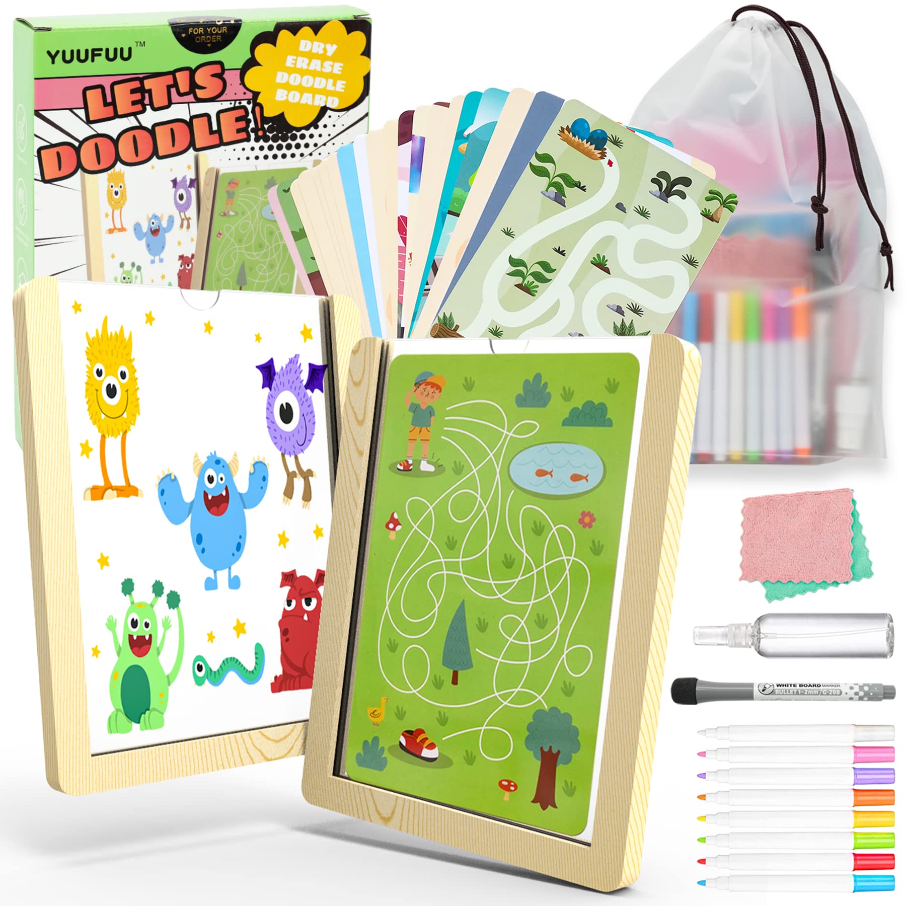 YUUFUU Kids Doodle Activity Game Set: Interesting Partners, Double-Sided Clear Dry Erase Board with 9 Colors Chalk Markers and 36 Activity Cards, Travel Toys Learning Tool for Boys Girls