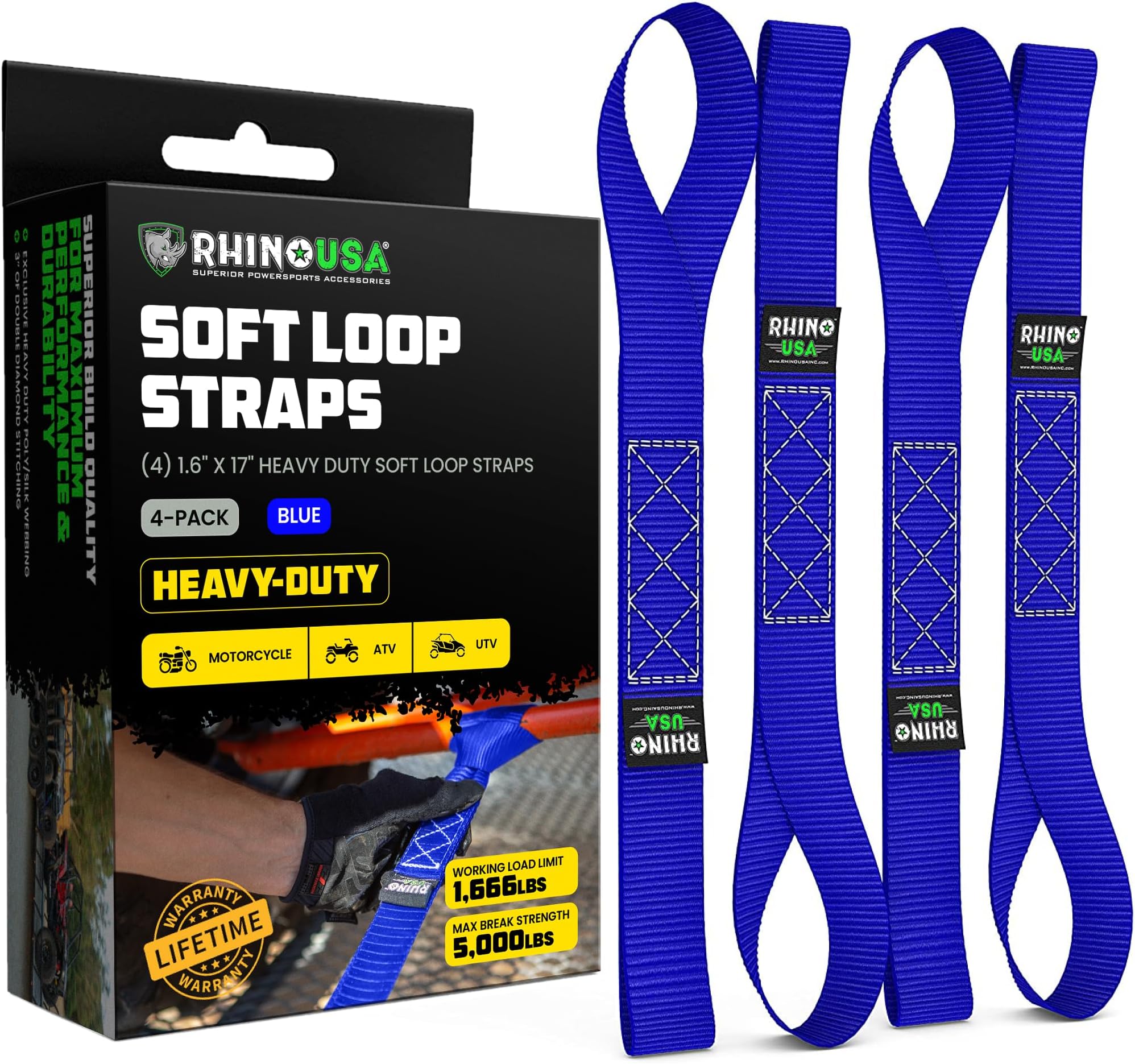 Rhino USA Soft Loop Tie Down Straps (4-Pack) - 1.6 Inch x 17 Inch Heavy Duty Motorcycle Straps for ATV, UTV, Dirt Bike (Blue) - 5,000 lbs Break Strength