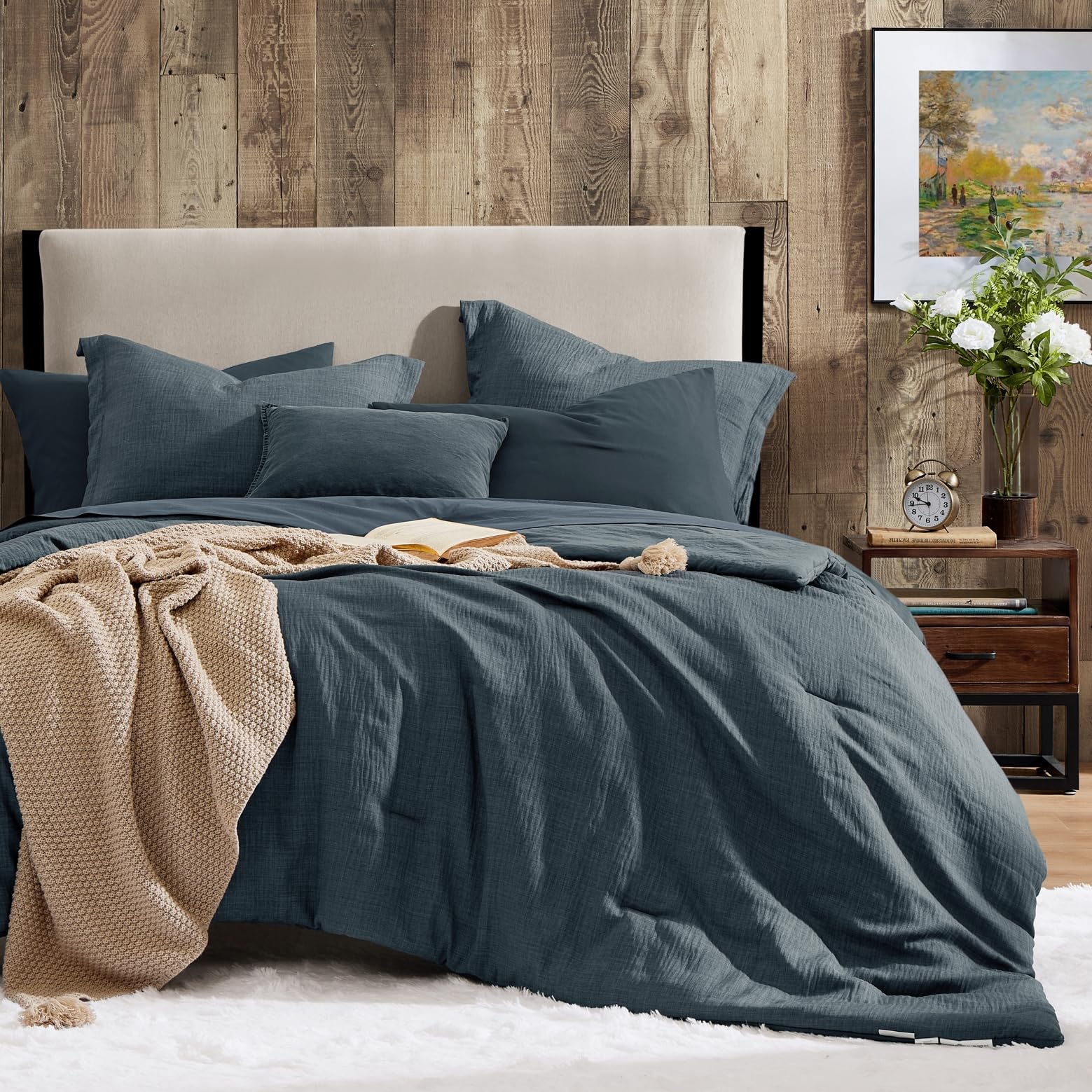 Photo 1 of Geniospin Twin Comforter Set - 5 Pieces Comforter Twin Size, Solid Bedding Sets for All Season, Textured Bed in a Bag with Flat Sheet and Fitted Sheet, Pillowcases and Shams (Navy Blue, 66''x86'')