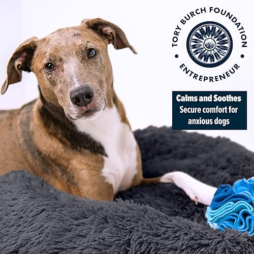 Miniatura 2 de Cama para perro ultra calmante antiansiedad para perro, cama con forma de dona, de piel sintética de lujo, lavable, SM-MED (gris oscuro)