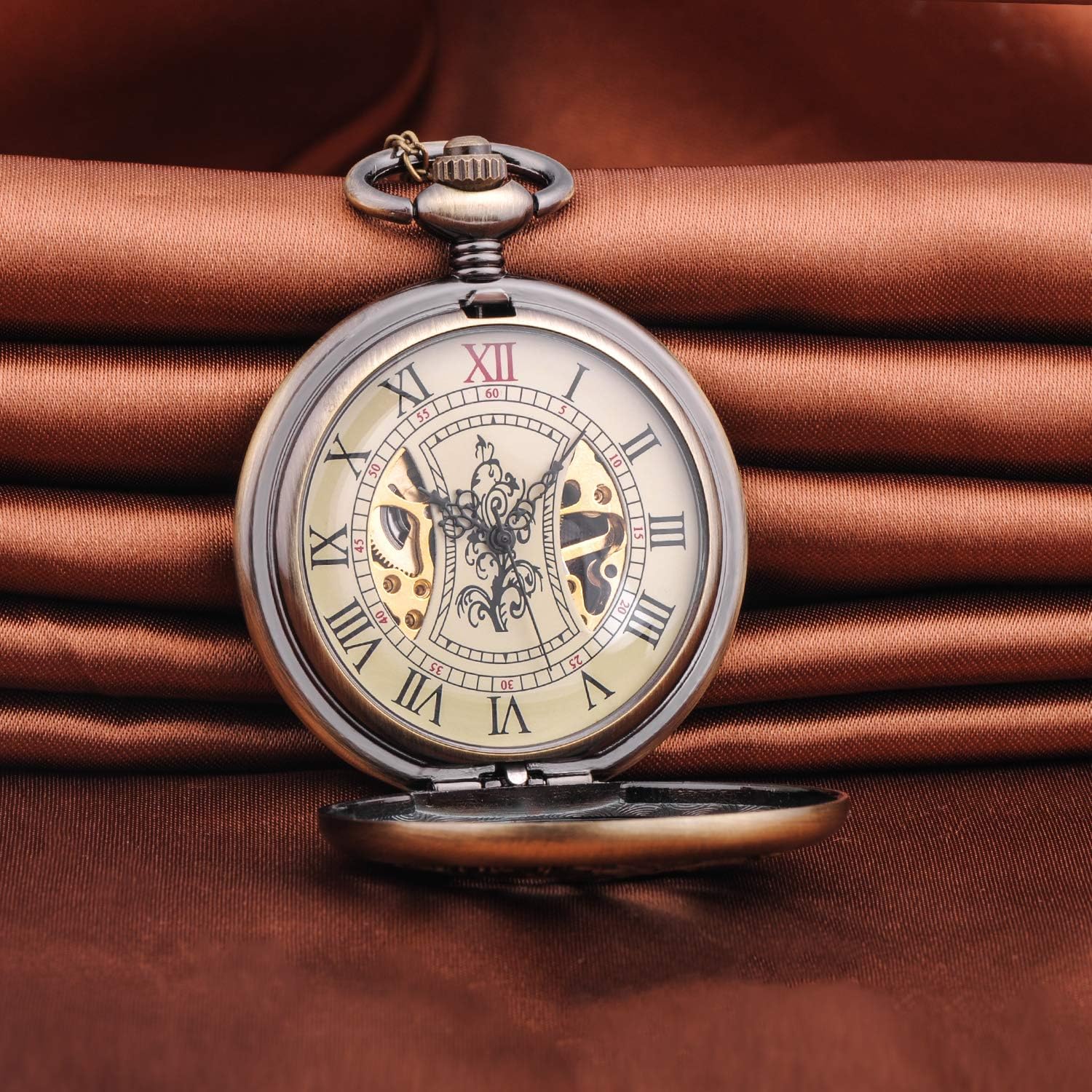 Pocket Watch Dragon & Phoenix Vintage Mechanical Steampunk Skeleton Roman Numerals Fob Watch with Chain for Men Women