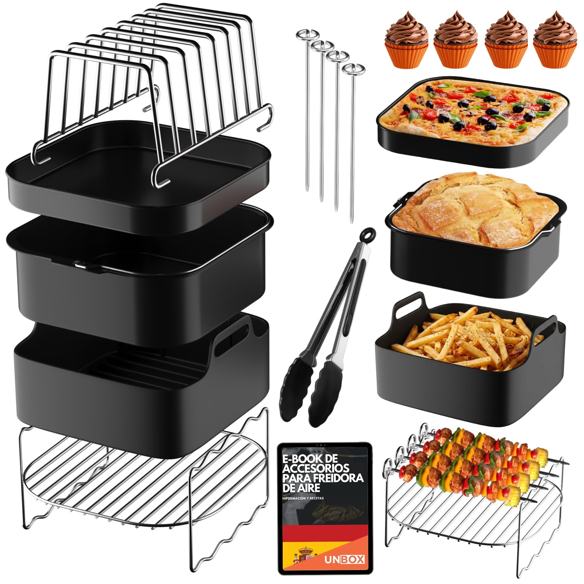 Accesorios Freidora Aire Cuadrada compatible con Cecotec, Cosori, Philips | Compatibilidad universal 5.5-7.5L, Silicona LFGB, sin BPA, apta lavavajillas. Incluye moldes y rejilla para grill