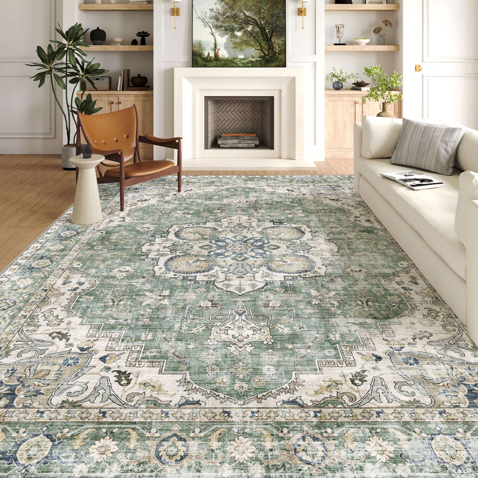 Area Rugs 10x14 Living Room - Large Washable Sage Green Boho Rugs for Bedroom Soft Vintage Rug Ultra-Thin