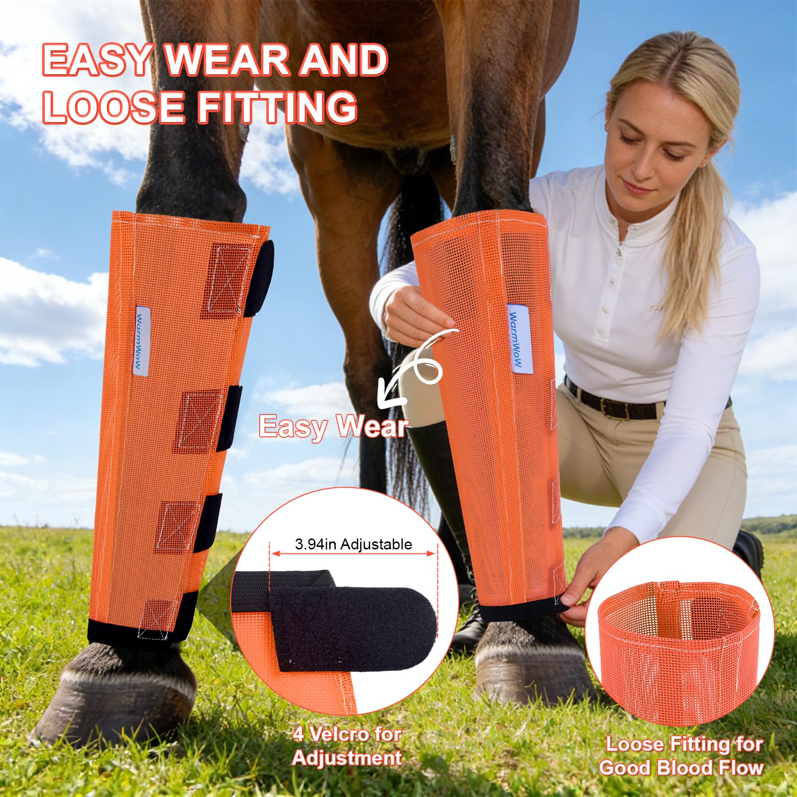 Bottes anti-mouches pour chevaux Lot de 4 - Maille ample réglable - Orange