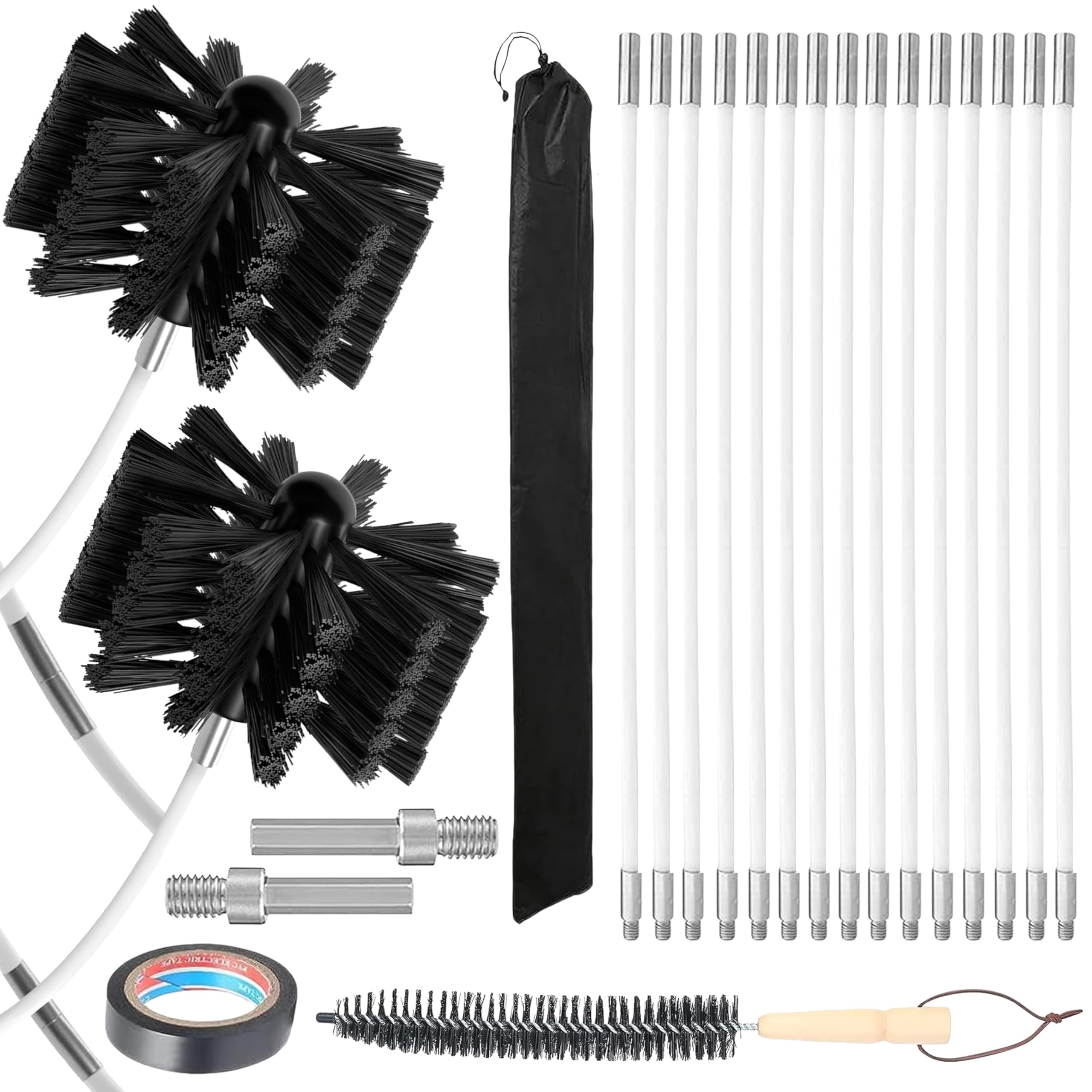 Trocknerreiniger-Set, 6 m, flexible Fusselbürste mit Bohraufsatz, Kanalreinigungsset, Entlüftungsreiniger, Schornsteinreinigungsbürste mit 15 flexiblen Stangen, 20 cm Bürstenköpfe