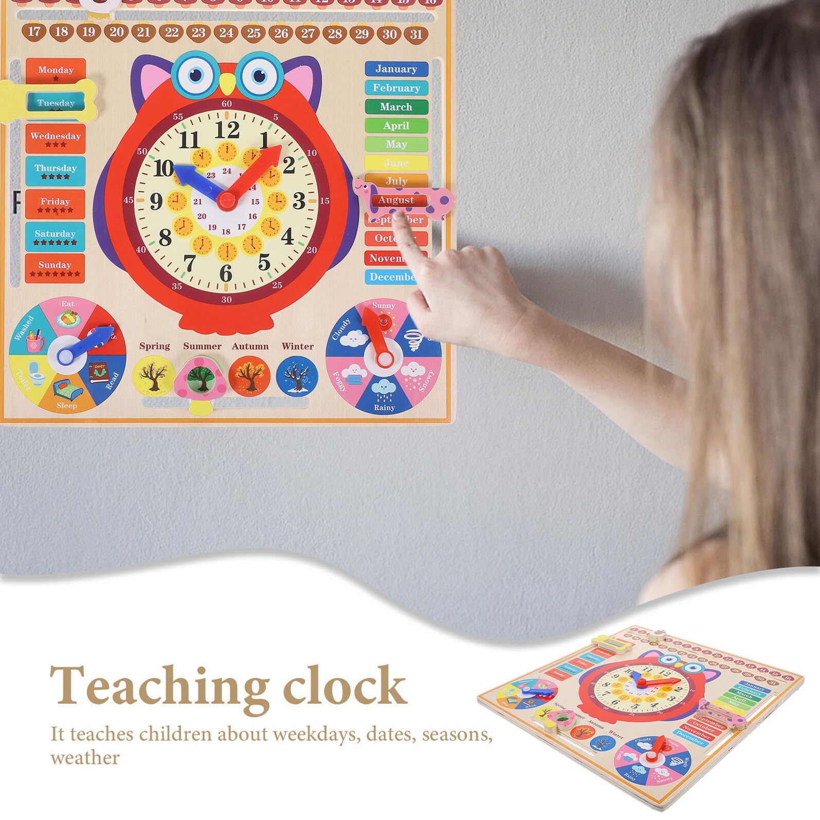 NOLITOY Reloj de Madera Educativo para Reloj Didáctico de Búho para Aprendizaje de Clima y Estaciones Juguete de Desarrollo Cognitivo para Alumnos de Años Infantiles