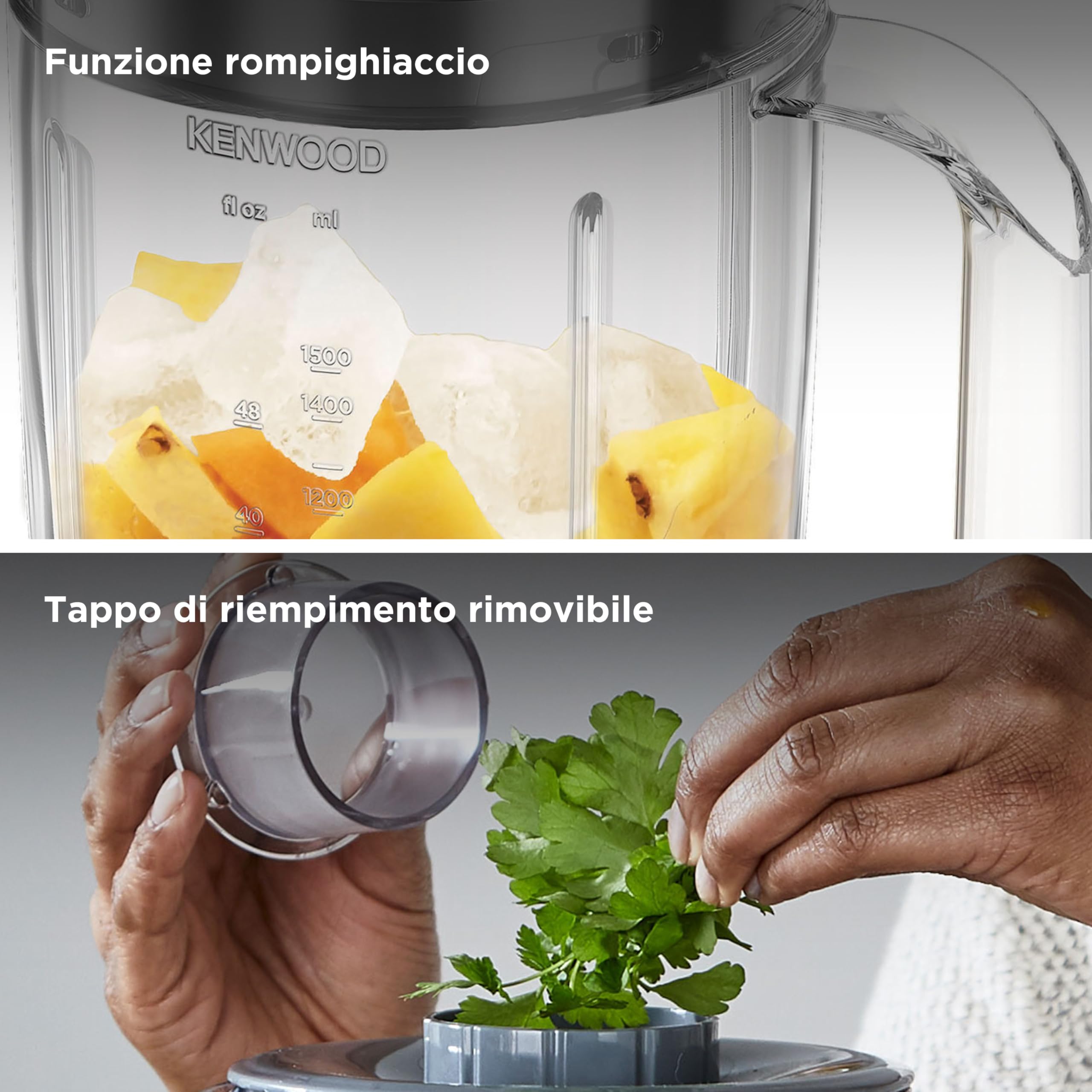 Kenwood BLP41.A0WH Frullatore, Caraffa da 2 L dotata di pratica maniglia, lame in Acciaio, 3 velocità + Pulse, Coperchio con tappo, Piedini antiscivolo, 650 watt, Plastica, Bianco e Grigio