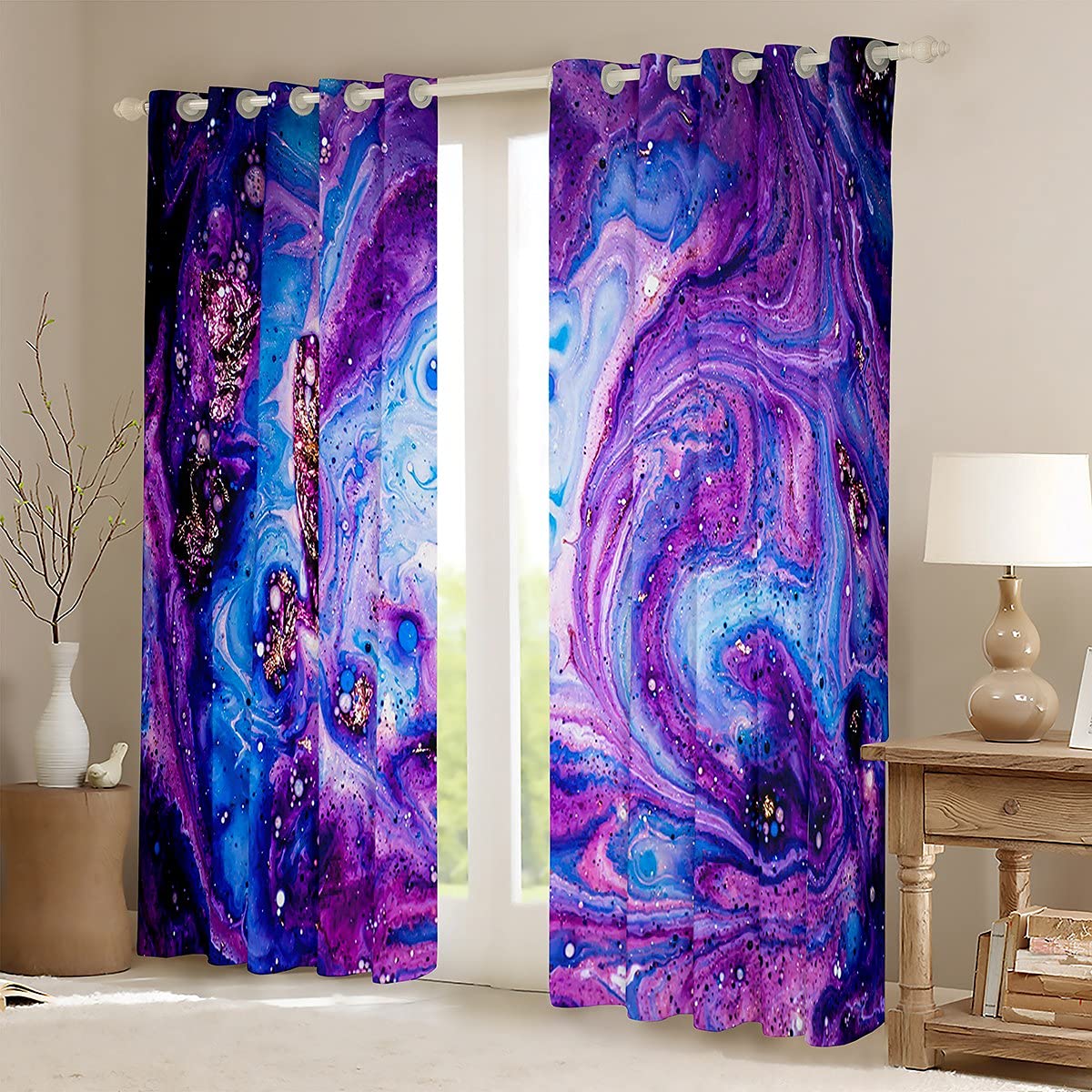 Glitter Marble Curtain for Bedroom Purple Marble Printed Room Curtain for Kids Boys Girls Abstract Art Curtain Boho Psychedelic Drapes,W66*L90 - Image 2