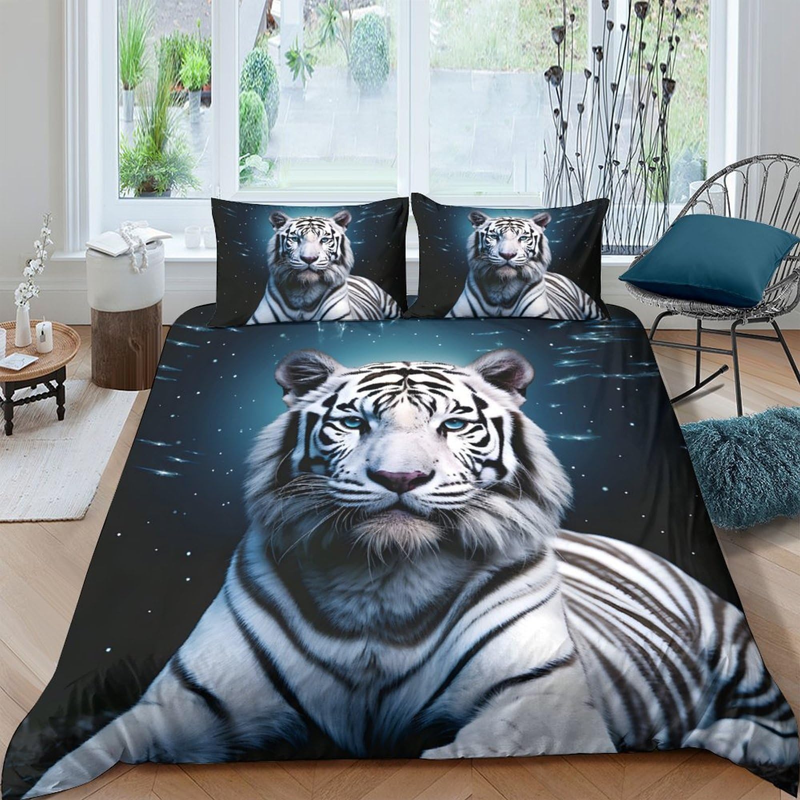 Ctjqhvkz Style-3 3D Printed White Tiger Fitted Sheet Microfiber Soft Artistic Jungle Bed Cover For Bedroom Guest Room Decor Single（135X200cm）