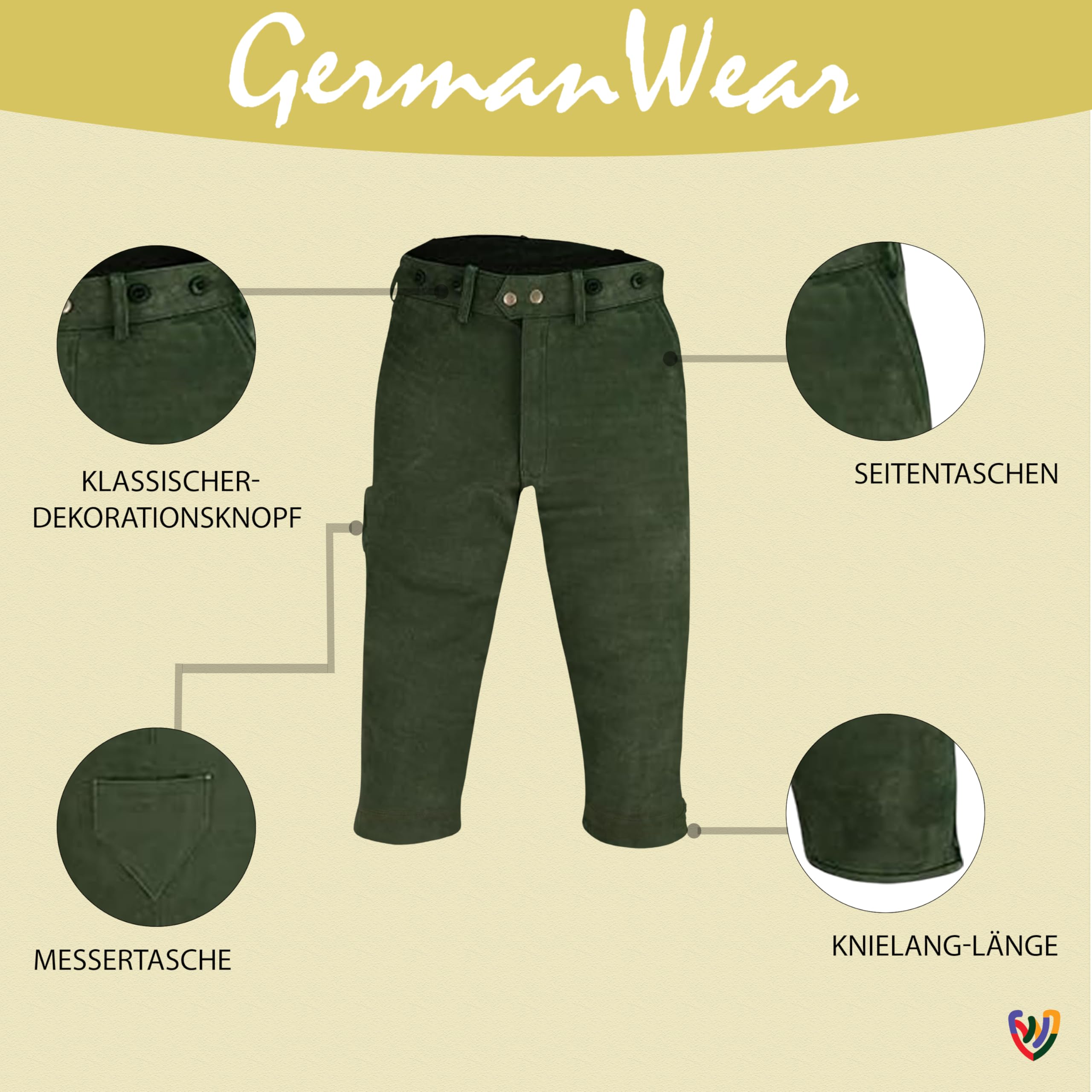 German Wear Jagd Lederhose Kniebundhose Jägerhose Trachten & Wanderhose Nubuckleder