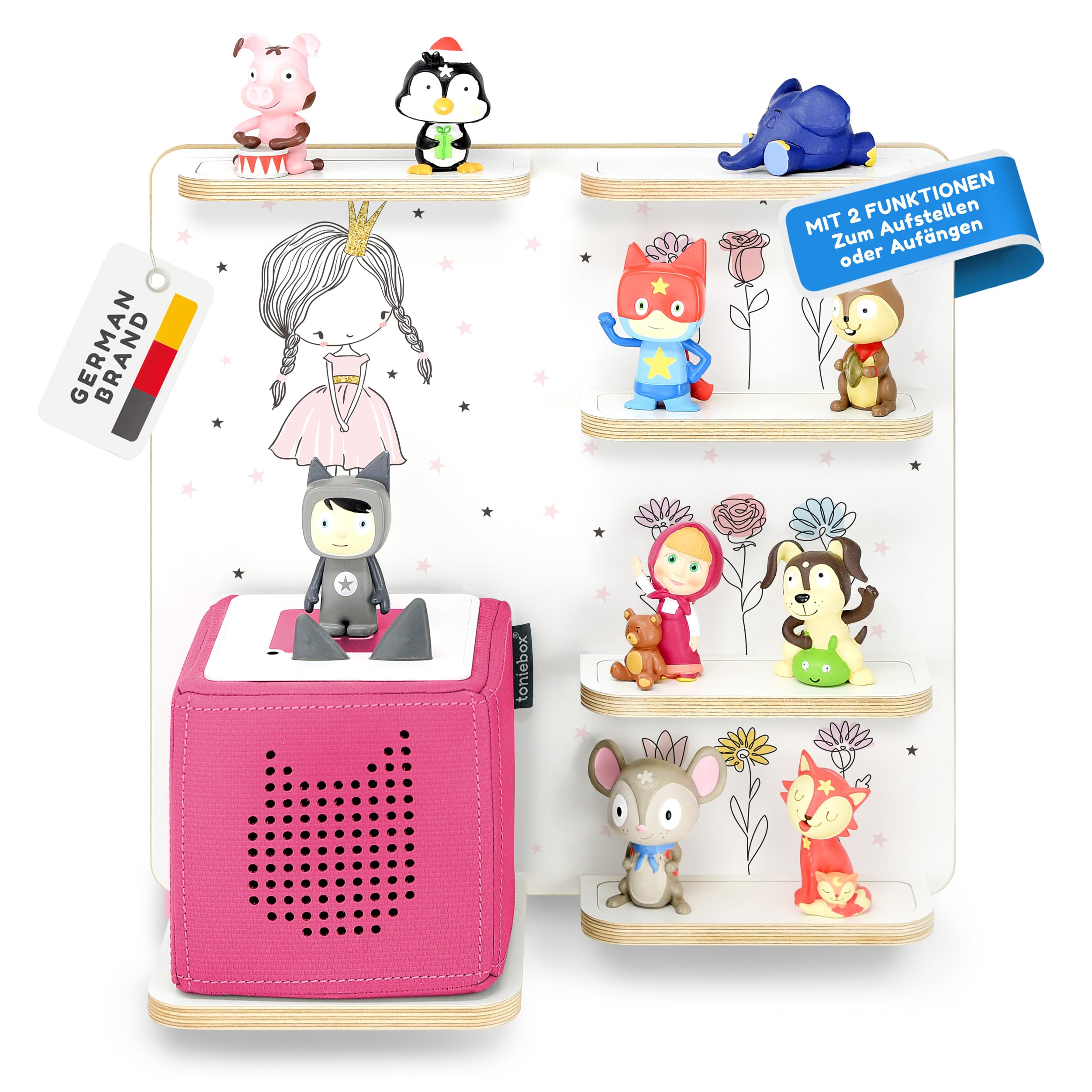 stadtecken Wooden Music Box Shelf - Fits Toniebox & Approx. 40 Tonies | Perfect Storage for Nursery | Hanging | Expandable (Princess)
