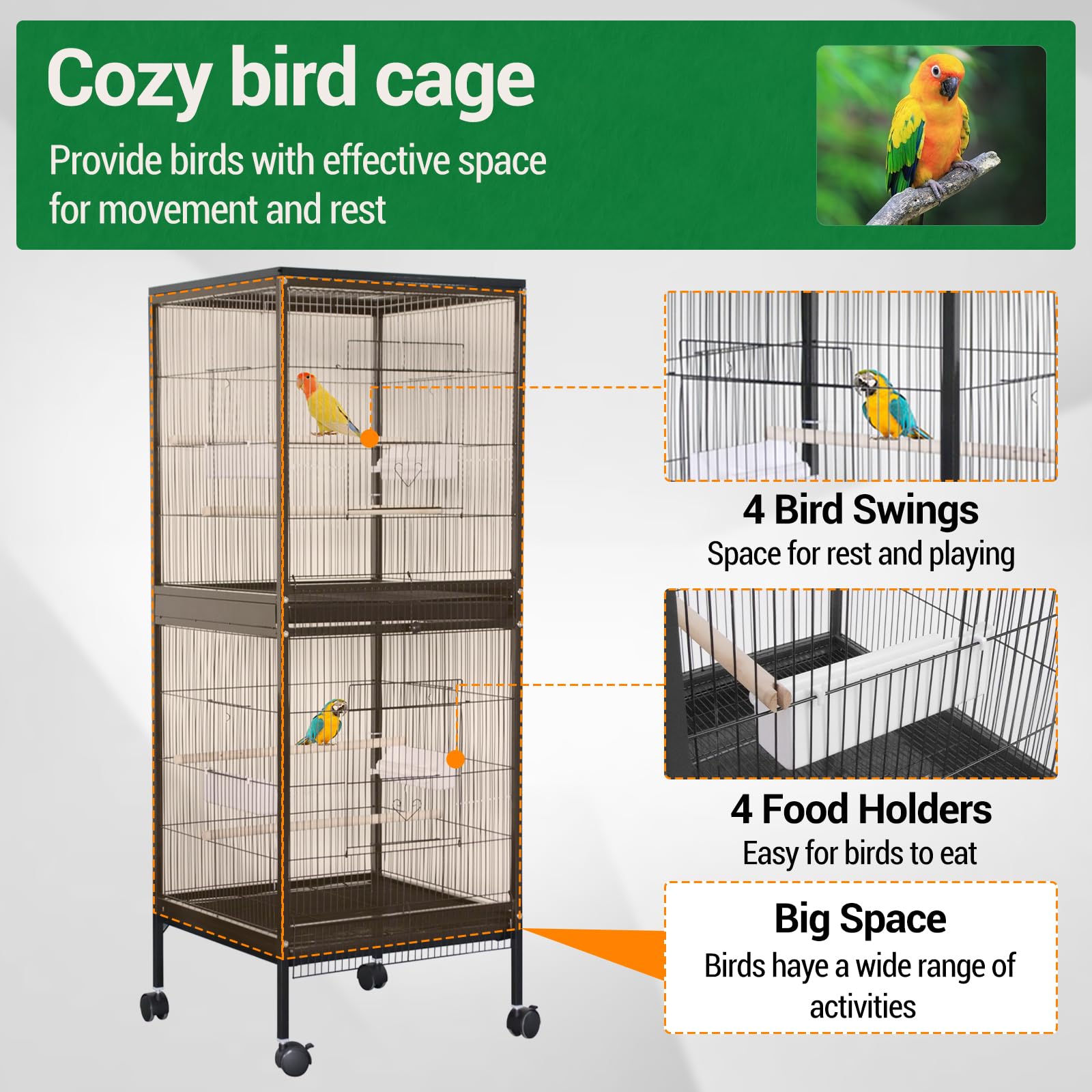 Vogelkäfig Groß 52 x 50x143cm, Papageienkäfig mit Ständer, Voliere auf Rollen, Birdcage mit 4 Sitzstangen, Vogelvoliere mit Rollen, Nymphensittich Käfig, Vogelkäfig Wellensittich
