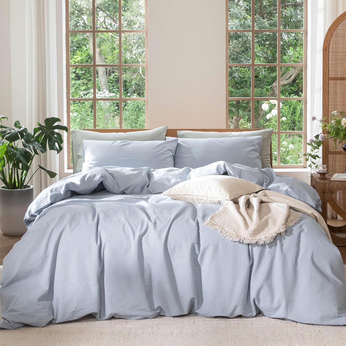 Duvet Cover Set 100% Washed Cotton Linen Like Queen | Relaxed Linen-like Texture. Soft, Breathable & Long-lasting Comfort. Lightweight. Hidden Zipper with 8 Interior Corner Ties