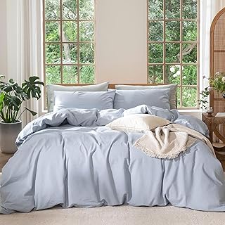 MooMee Bedding Duvet Cover Set 100% Washed Cotton Linen Like Textured Breathable Durable Soft Comfy (Heathered Cornflower Blue, Queen 90"x90")