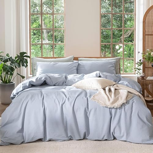 MooMee Duvet Cover Set 100% Washed Cotton Linen Like Queen