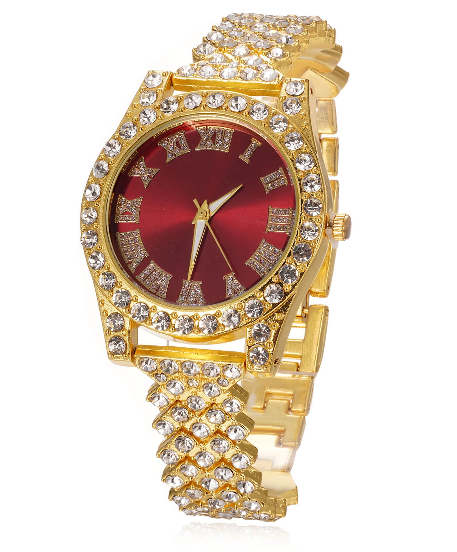 Halukakah Diamonds Gold Watch Iced Out, Kid's 18K Real Gold/Platinum White Gold Plated 36MM Width Green/Blue/Red Dial Quartz Wristband 8" with Cuban Link Chain 7"+16" Bracelet, Free Giftbox
