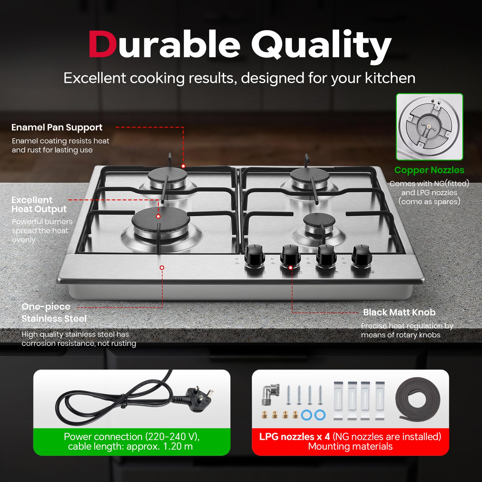 SNDOAS Gas Hob 4 Burners, 60cm Stainless Steel Cooktop, Built-in Gas cooker Hob, 7060W, NG/LPG Convertible, Silver Metallic Finish with Automatic Ignition — view 3