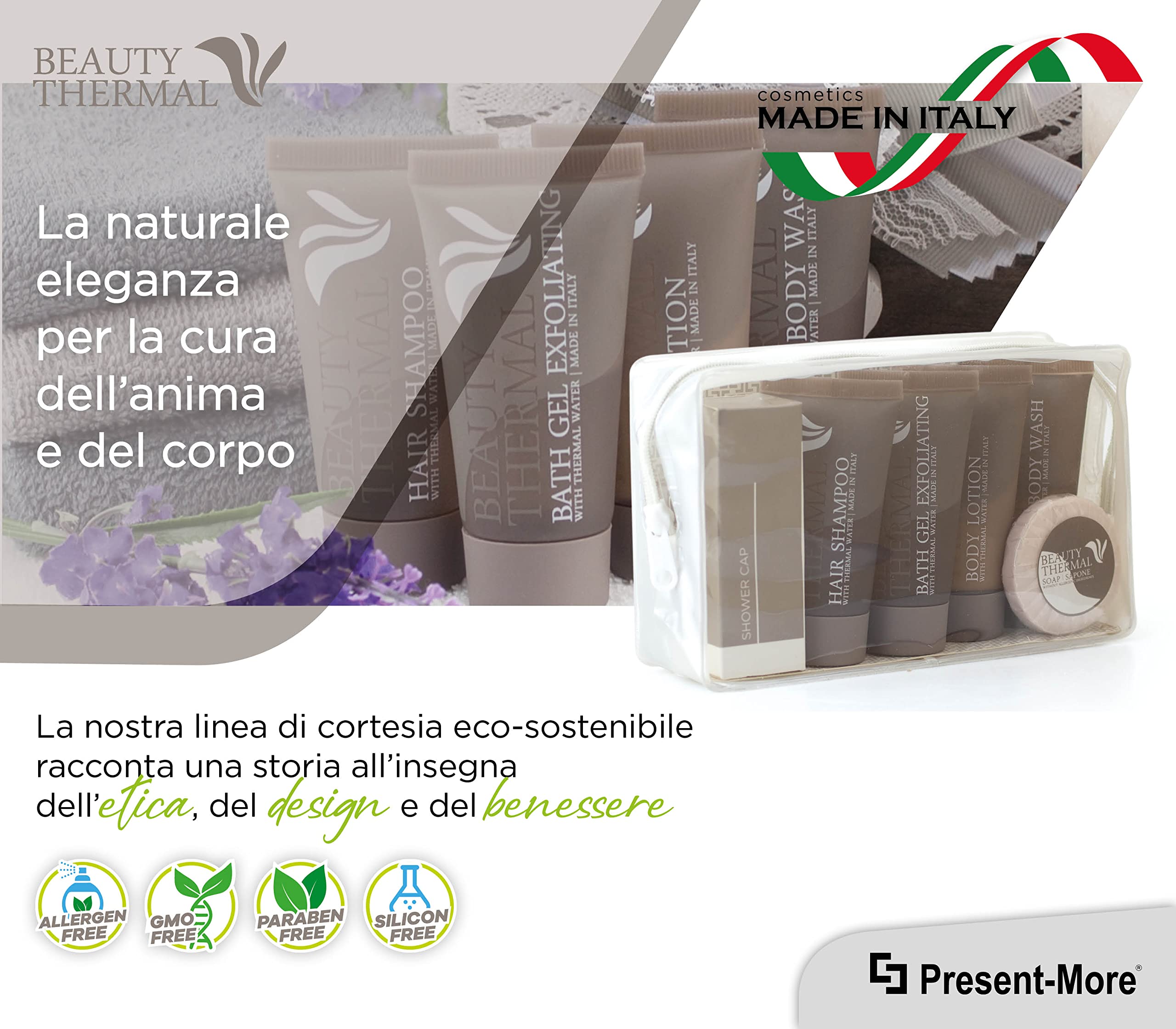 Present-More Amenities Kit Beauty Thermal - Welcome Gift Toilettenartikel 24 Gäste für Hotels und B&B | Allergenfreie Amenities Kit mit Duftnote Orange und Zimt | Duft Orange und Zimt - Shampoo, Duschgel, 2-in-1, Creme, Seife und Zubehör - Made in Italy -