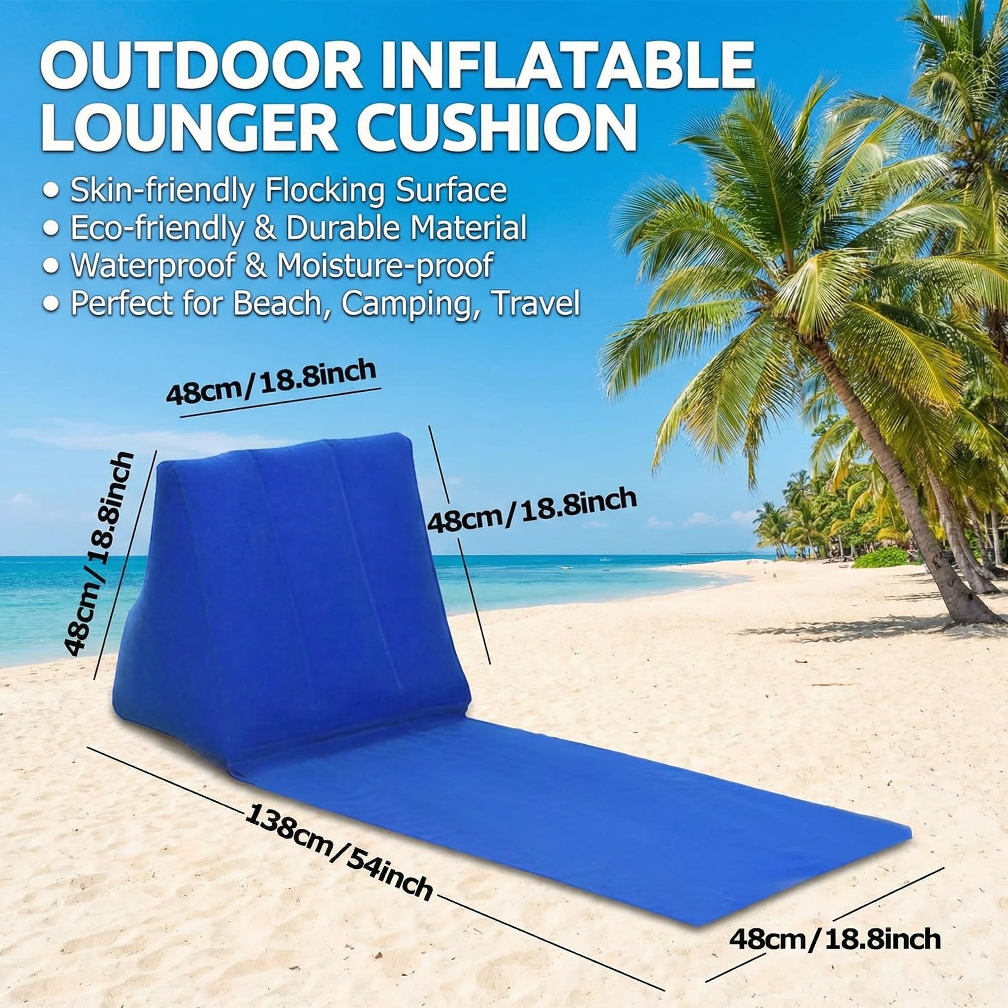 SOONHUA Cuscino gonfiabile per la schiena, portatile, reclinabile, a forma di cuneo, tappetino da spiaggia, pieghevole, impermeabile, per campeggio all'aperto (blu scuro)