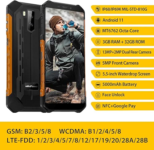 Miniatura 2 de Ulefone Armor X5 - Teléfonos celulares resistentes desbloqueados 2021 pantalla de 55 pulgadas Android 11 3 GB  32 GB cámaras traseras duales de 13