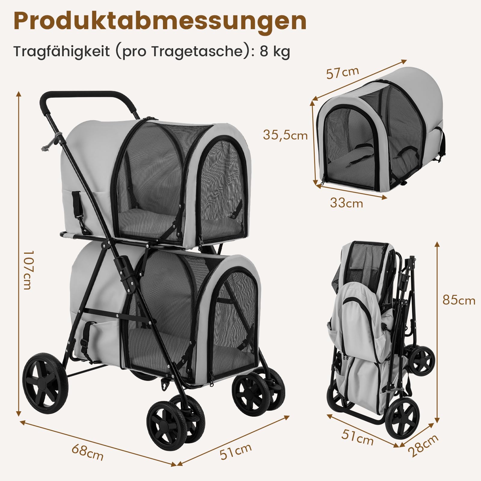 COSTWAY 2 piętrowy wózek dla psów domowych, wózek dla zwierząt domowych do 16 kg, wózek dla psów z okienkiem z siatki, uchwytem na napoje i przyczepą, wózek dla 2 małych psów, kotów (szary)
