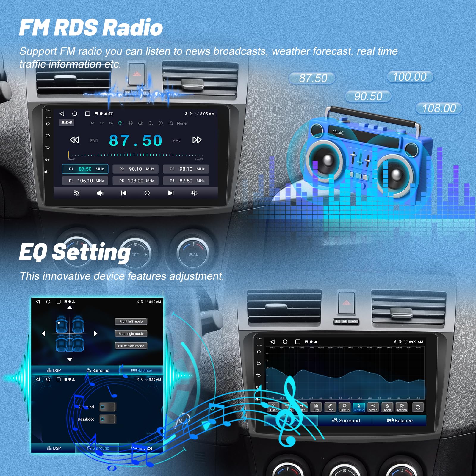Android Autoradio pour Mazda 3 2009-2013 avec sans Fil Carplay et Android Auto, Écran Tactile HD de 9 Pouces avec GPS/WiFi/Bluetooth/EQ/FM RDS