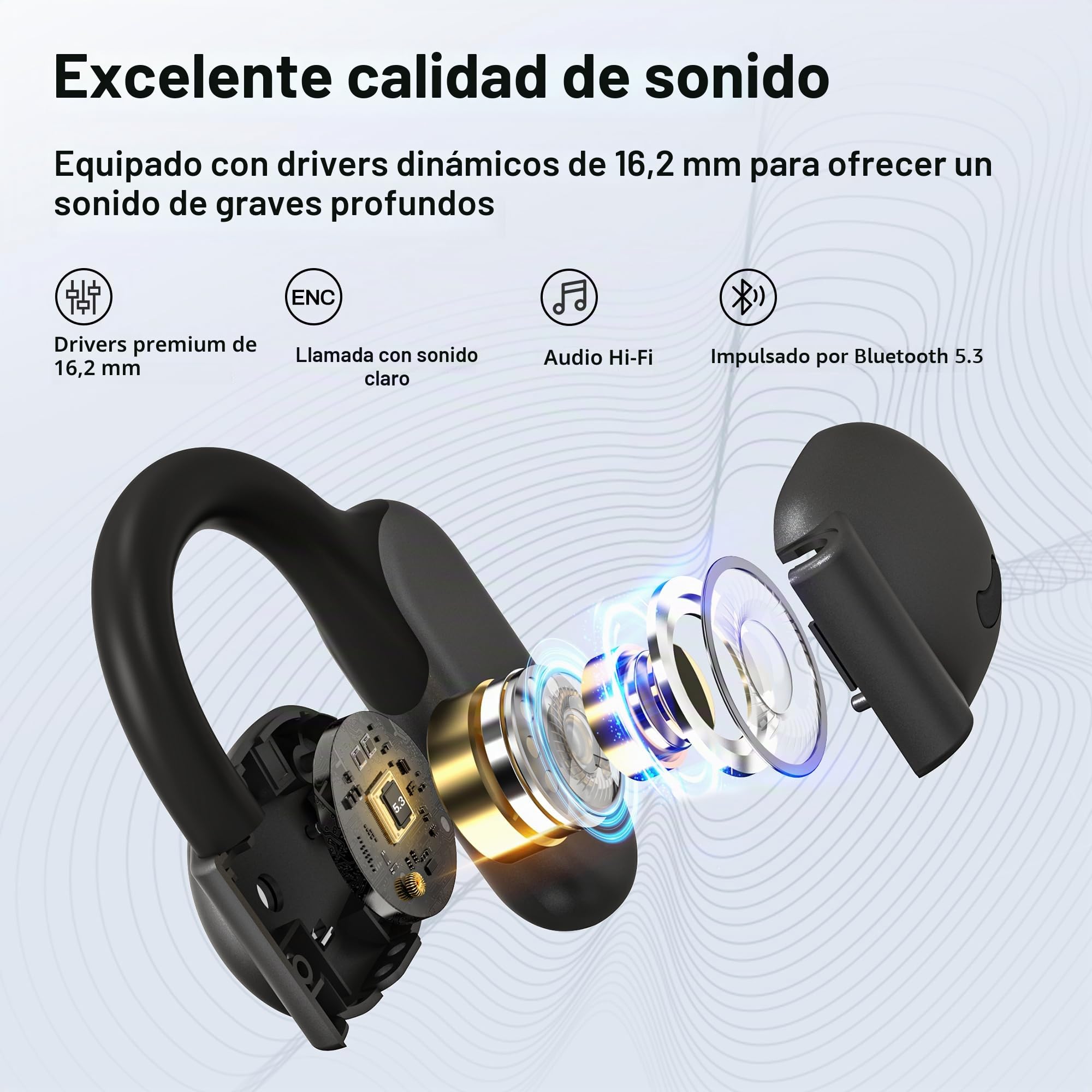 DACOM Auriculares Deportivos Bluetooth 5.3, ENC Inalámbricos Abiertos, 45H Tiempo de Reproducción, a Prueba de Sudor Con 2 Micrófonos para Ciclismo (Negro)