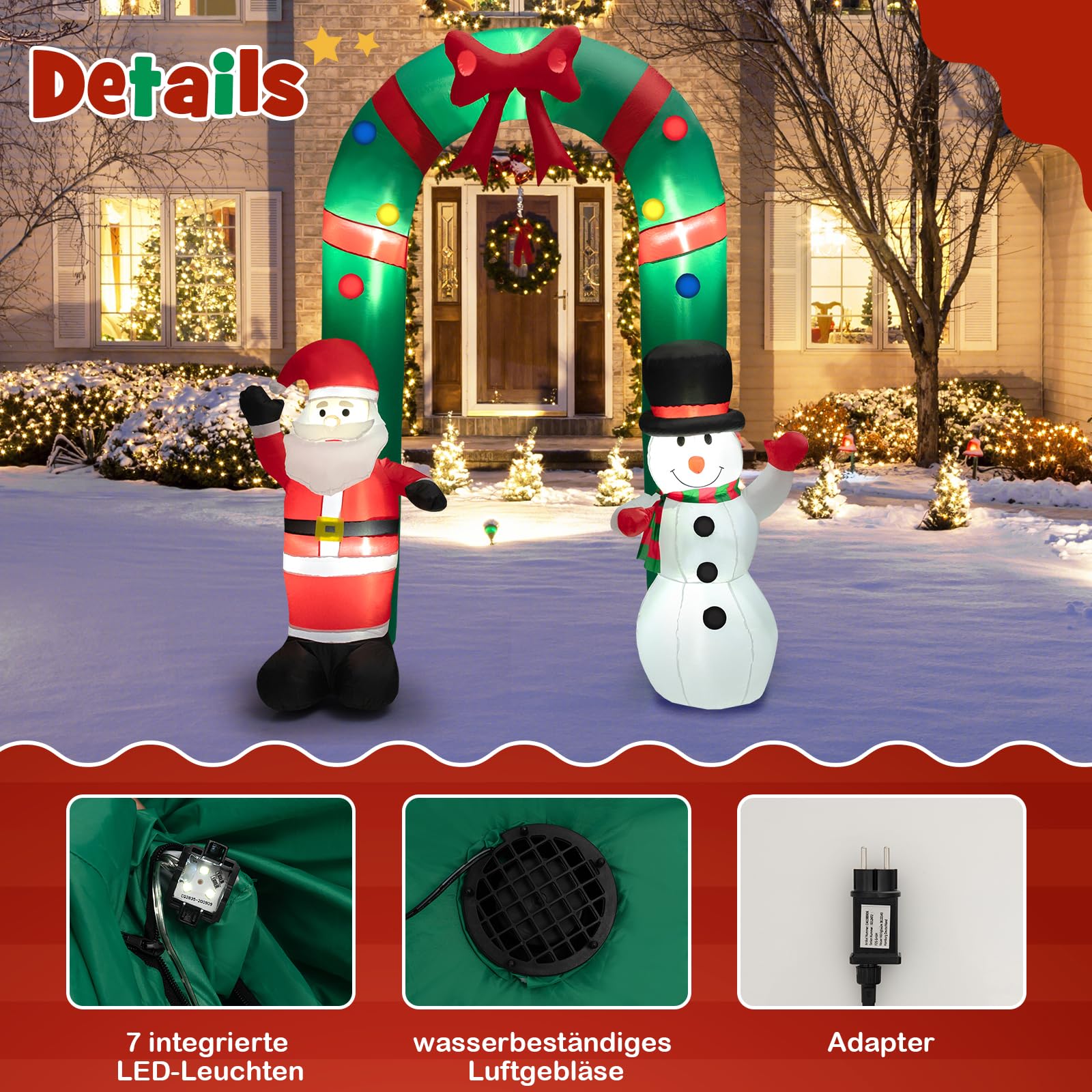 COSTWAY aufblasbarer Weihnachtsbogen 245cm, LED Weihnachtsdekoration mit Weihnachtsmann & Schneemann, Weihnachtsdeko Outdoor, Weihnachtsbeleuchtung für Garten, Hof, Terrasse, selbstaufblasend