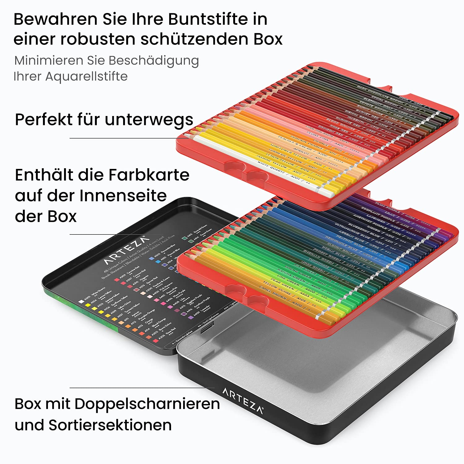 Arteza Aquarell Set mit 48 Aquarell-Buntstiften, Aquarellstifte Set und faltbarer Leinwandblock, Malset für Erwachsene, Künstlerbedarf für Kinder, Profis und Hobbymaler, 48 Farben