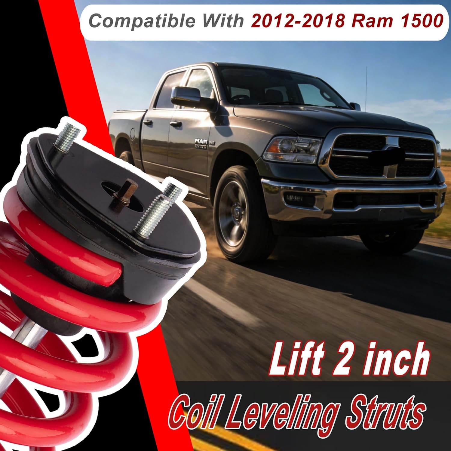 2" Loaded Struts Compatible with 2012-2018 Ram Truck 1500 4WD Lifted Coil Leveling Struts-Red