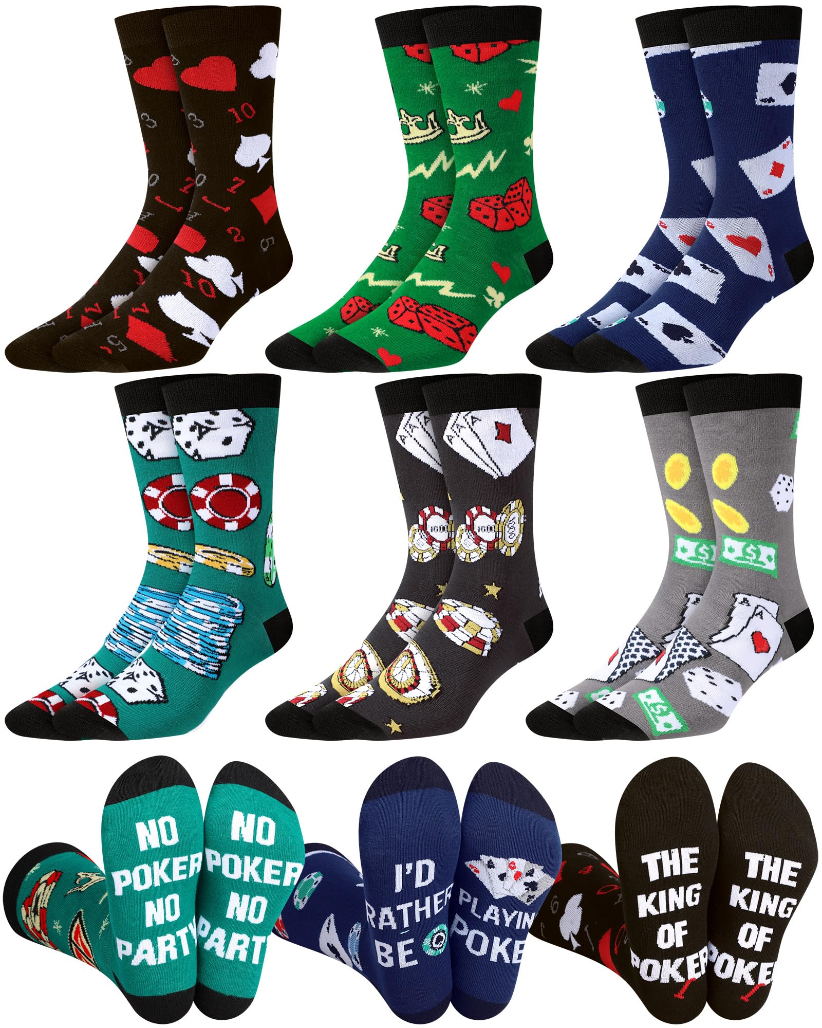 Eurzom 6 Pairs Funny Casino Crew Socks for Men Women Novelty Poker Dice Pattern Sock Mom Father Birthday Gift Casino Lover