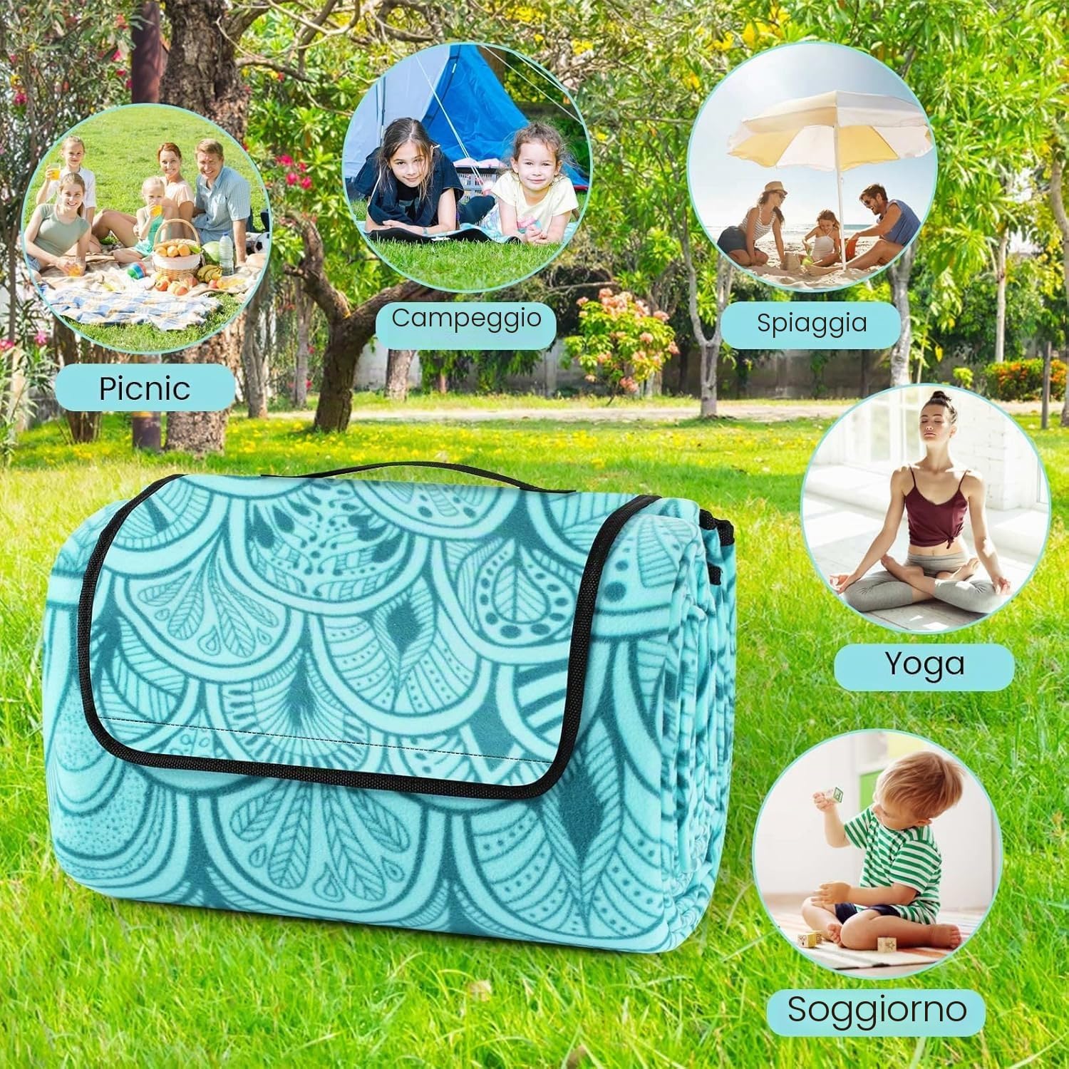 Coperta Picnic Impermeabile 200x200 cm, Telo Picnic Impermeabile, con Maniglia, Lavabile Lavatrice, Pieghevole, Coperta da Spiaggia Picnic, Tappetino da Picnic per Spiaggia, Viaggi, Campeggio
