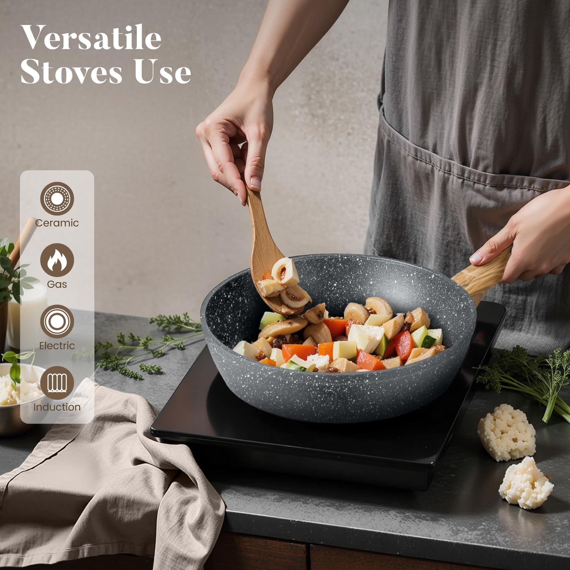 Kitchen Academy Juego de sartenes compatibles con inducción con sartenes y ollas antiadherentes, juego de utensilios de cocina antiadherentes de granito gris, 10 piezas, libre de PFOA y PFAS