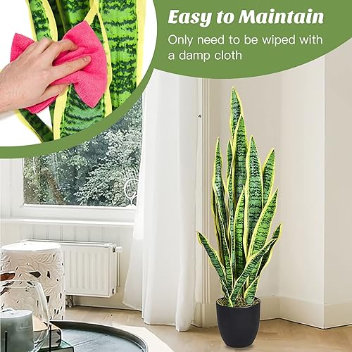 Miniatura 4 de Goplus - Planta artificial especie lengua de vaca, de 36 pulgadas, Sansevieria falsa, con maceta de 6 pulgadas y 20 hojas para decoración de hogar,