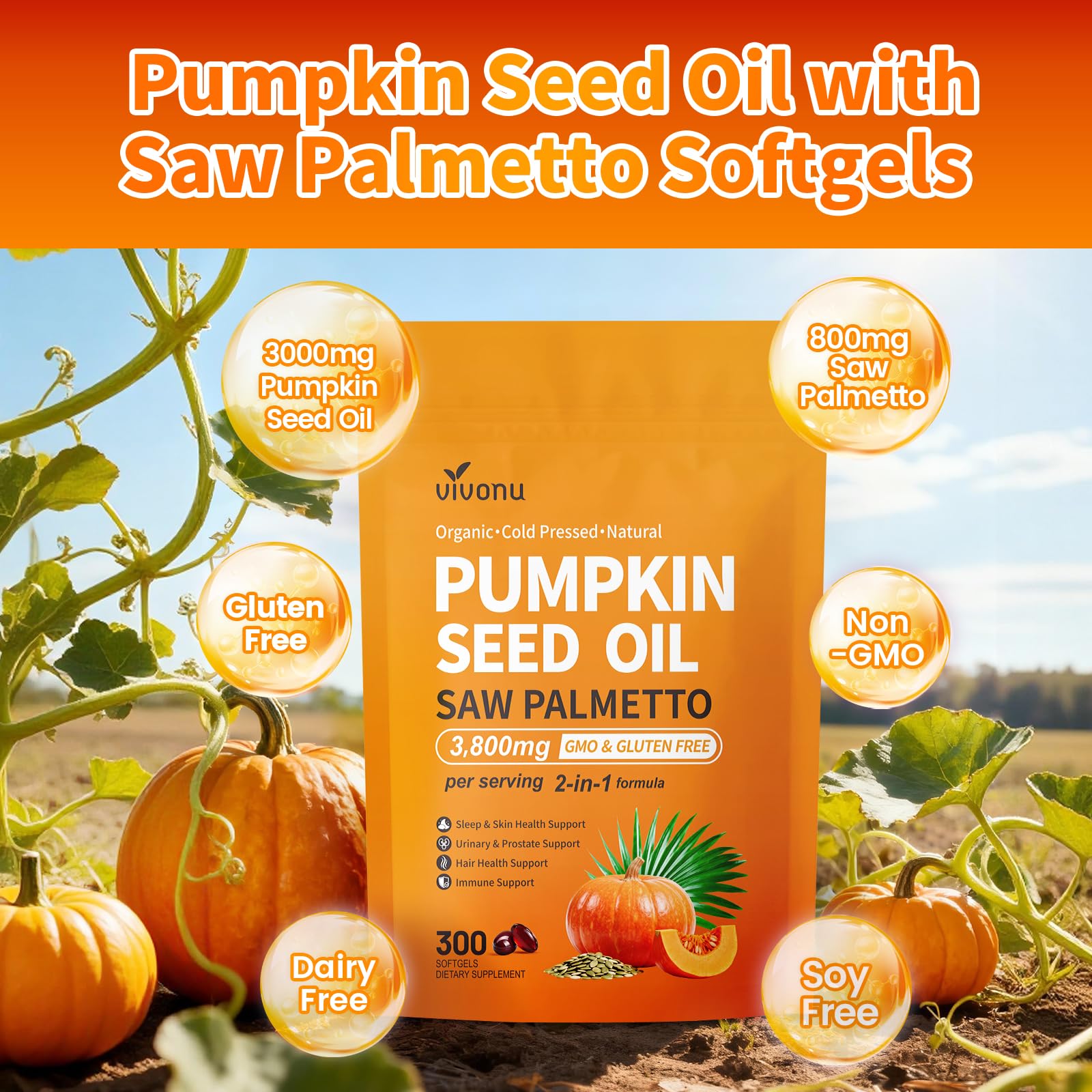 VivoNu Huile de Pépins de Courge - Saw Palmetto & pumpkin seed oil - 3000 mg - soutient la croissance des cheveux, soutient la santé de la Prostate - 300 unité - Sans Soja, Sans Gluten & Sans OGM