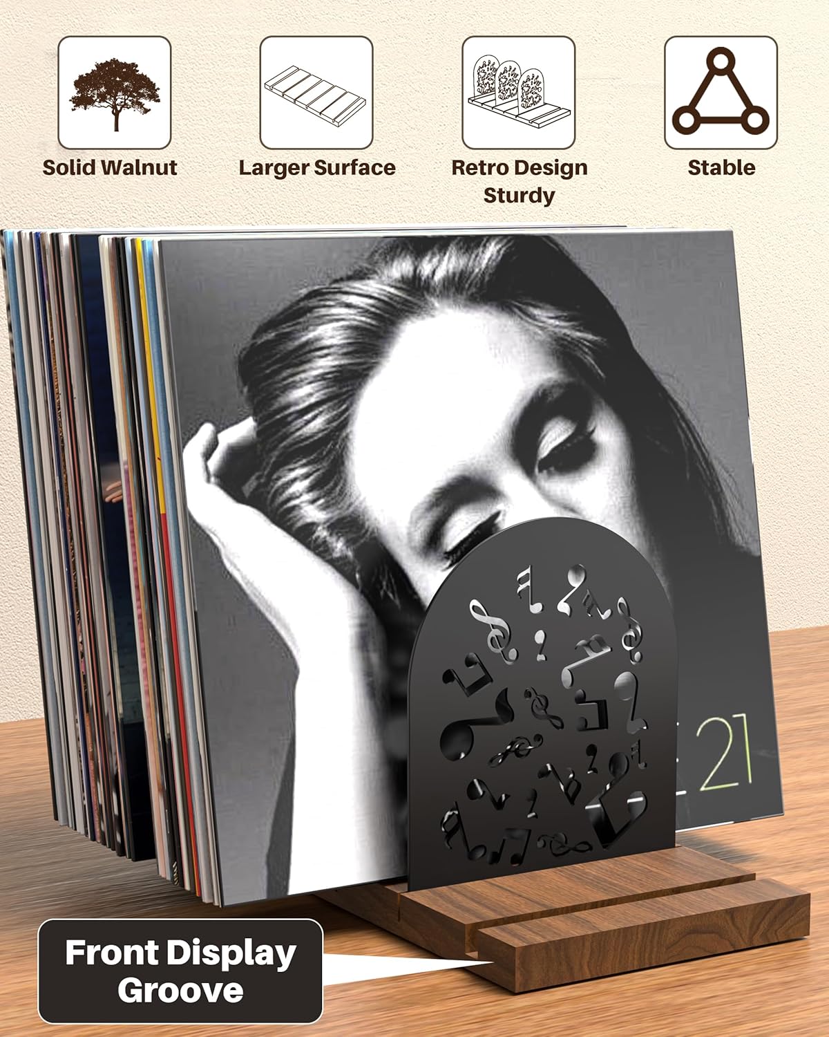 Vinyl Record Storage, Walnut Record Holder for 70-100 LP, Solid Pine Wood Vinyl Holder Record Stand, Sturdy Organizer Display Shelf for Collectibles, Album Covers (Walnut)