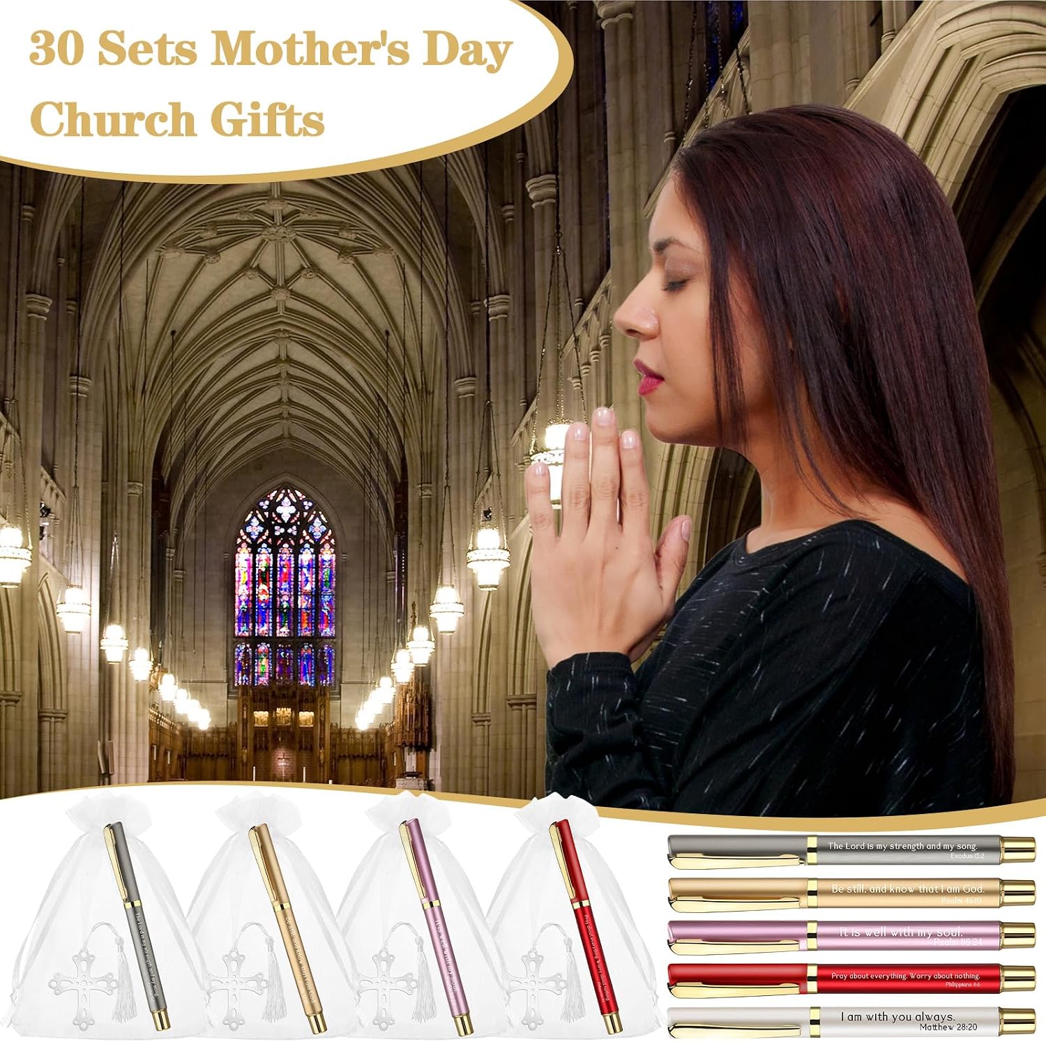 Spakon 30 Sets Christian Mother's Day Church Gifts Bulk Religious Inspirational Scripture Bible Verse Pens with Metal Cross Bookmarks Organza Bags for Mom Women Sunday School Church Gifts