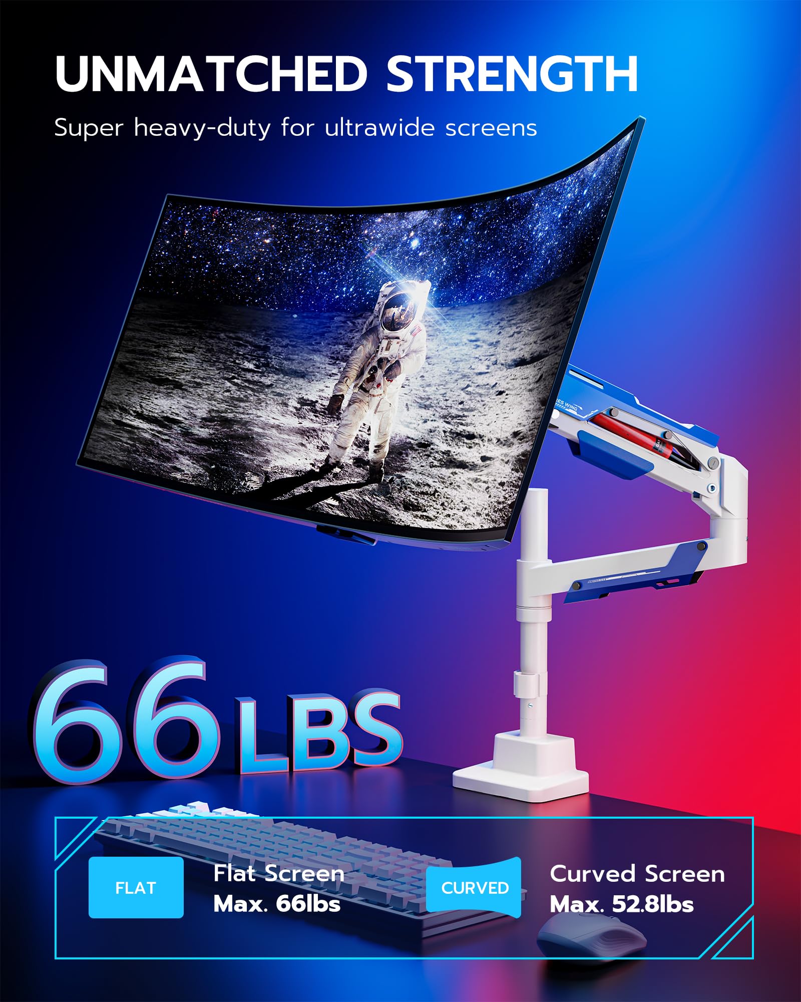 ARES WING Supporto per monitor per schermo da 24 – 57", Bianco | resistente supporto per monitor fino a 30 kg, braccio per monitor da gioco con asta, VESA Max 200 x 200