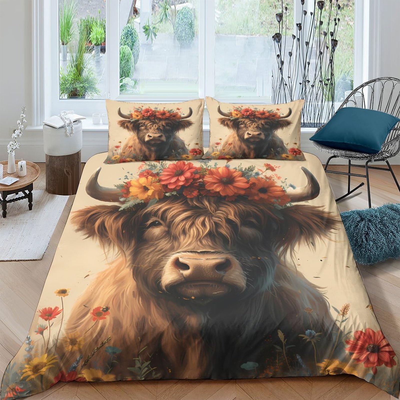 TUFRTGYHN 3D Printed Highland Cow Flower Duvet Cover Microfiber Soft Breathable Meadow Bedding Set with 2 Pillowcases for Bedroom Decor Single（135x200cm）