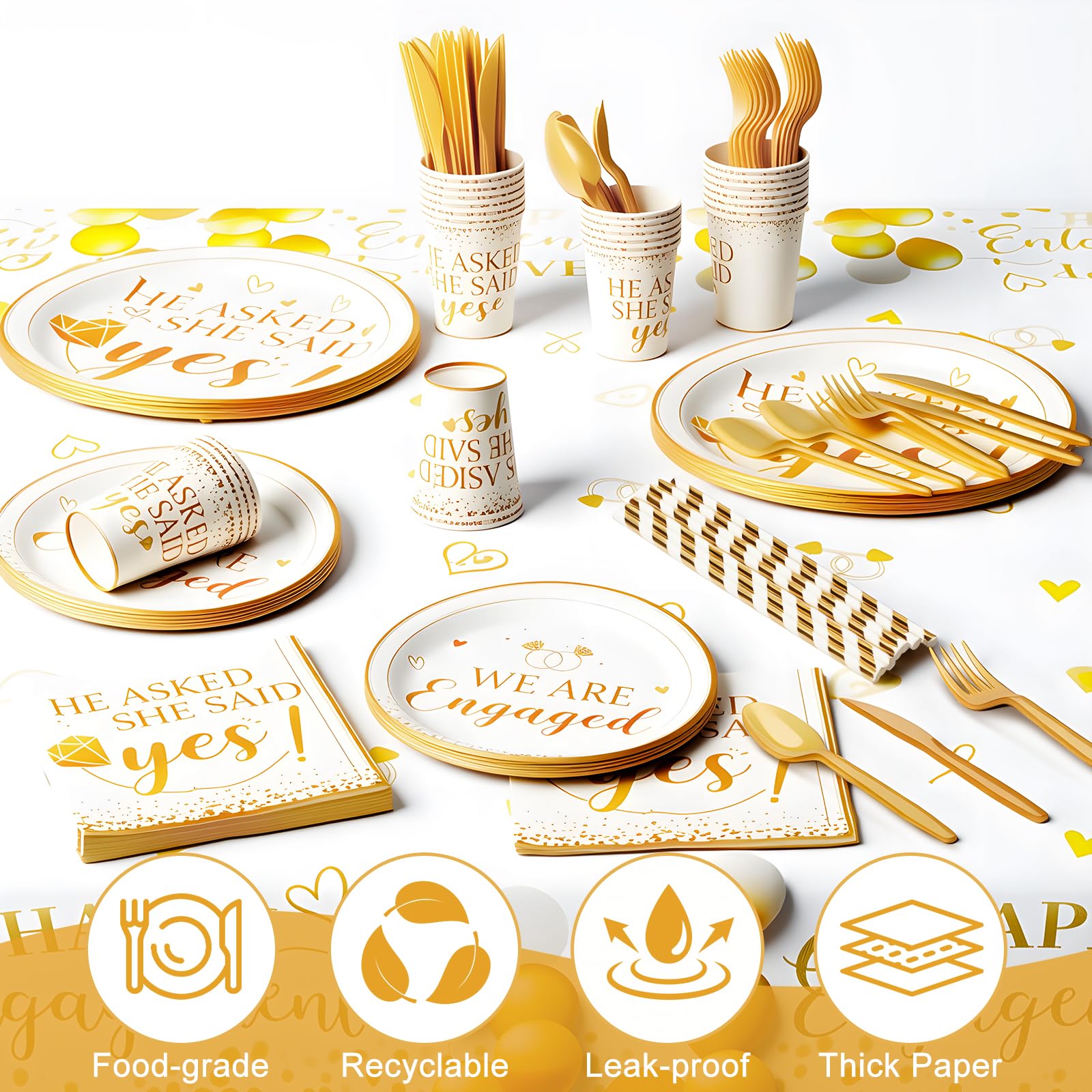 Décorations de fête de fiançailles, kit de fournitures de fête « He Asked She Said Yes », assiettes en papier, serviettes, nappe de table jetable pour décoration de demande en mariage, pour 20