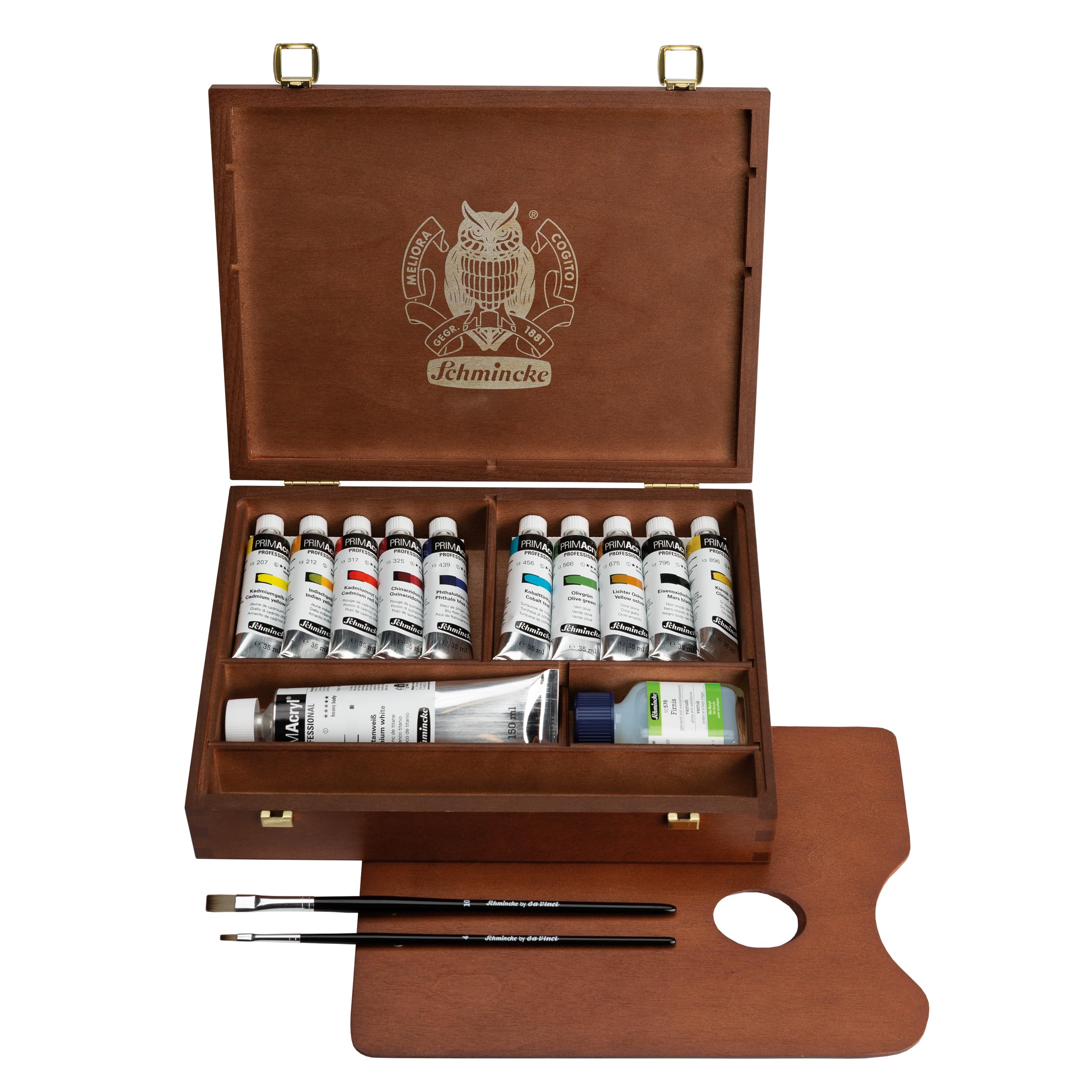 Schmincke PRIMAcryl Feinste Acrylfarben – Premium Holzkasten, 10 x 35 ml, Titanweiß 150 ml